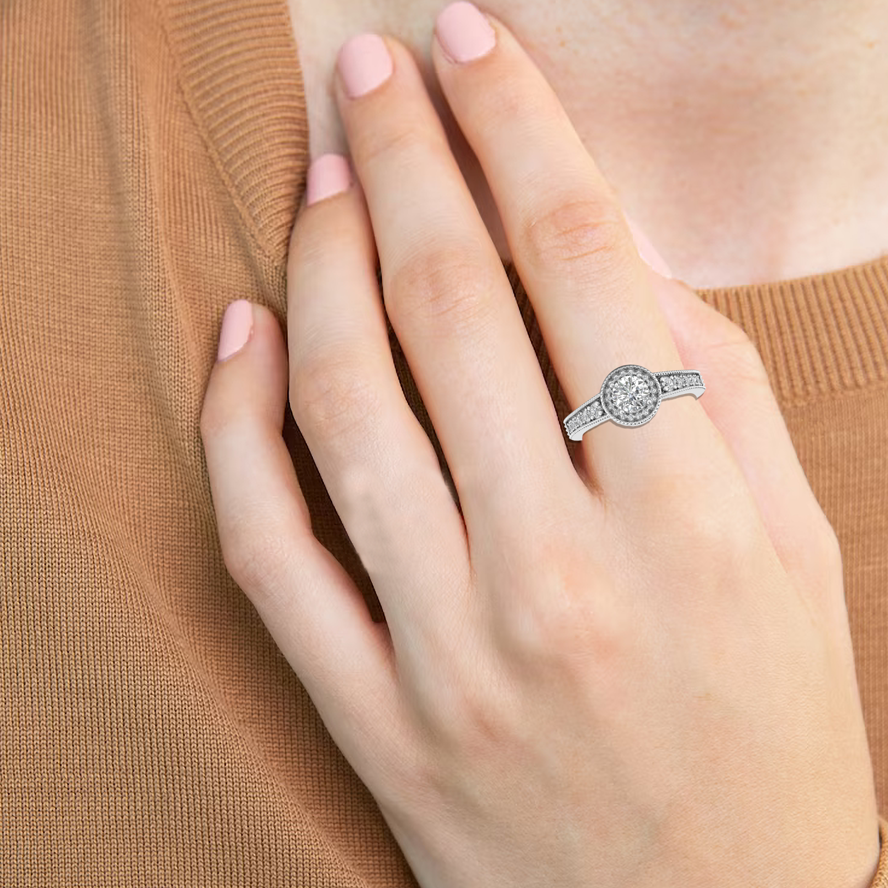 White Gold Studded 1.06 Carat Lab Grown Diamond Ring-E Color VS2 Clarity.