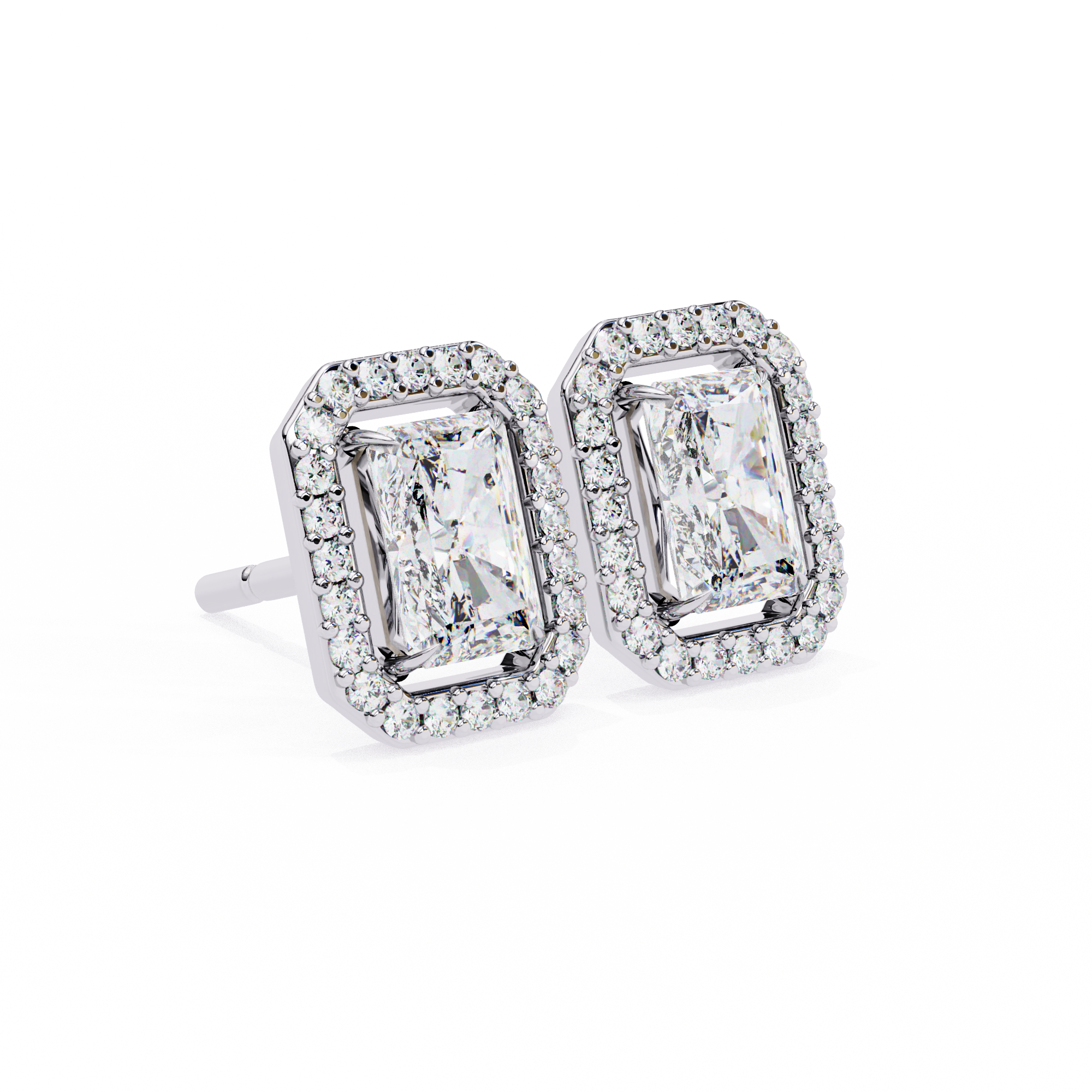 1.9 Carat Natural Diamond Radiant Cut Halo Stud Earrings.