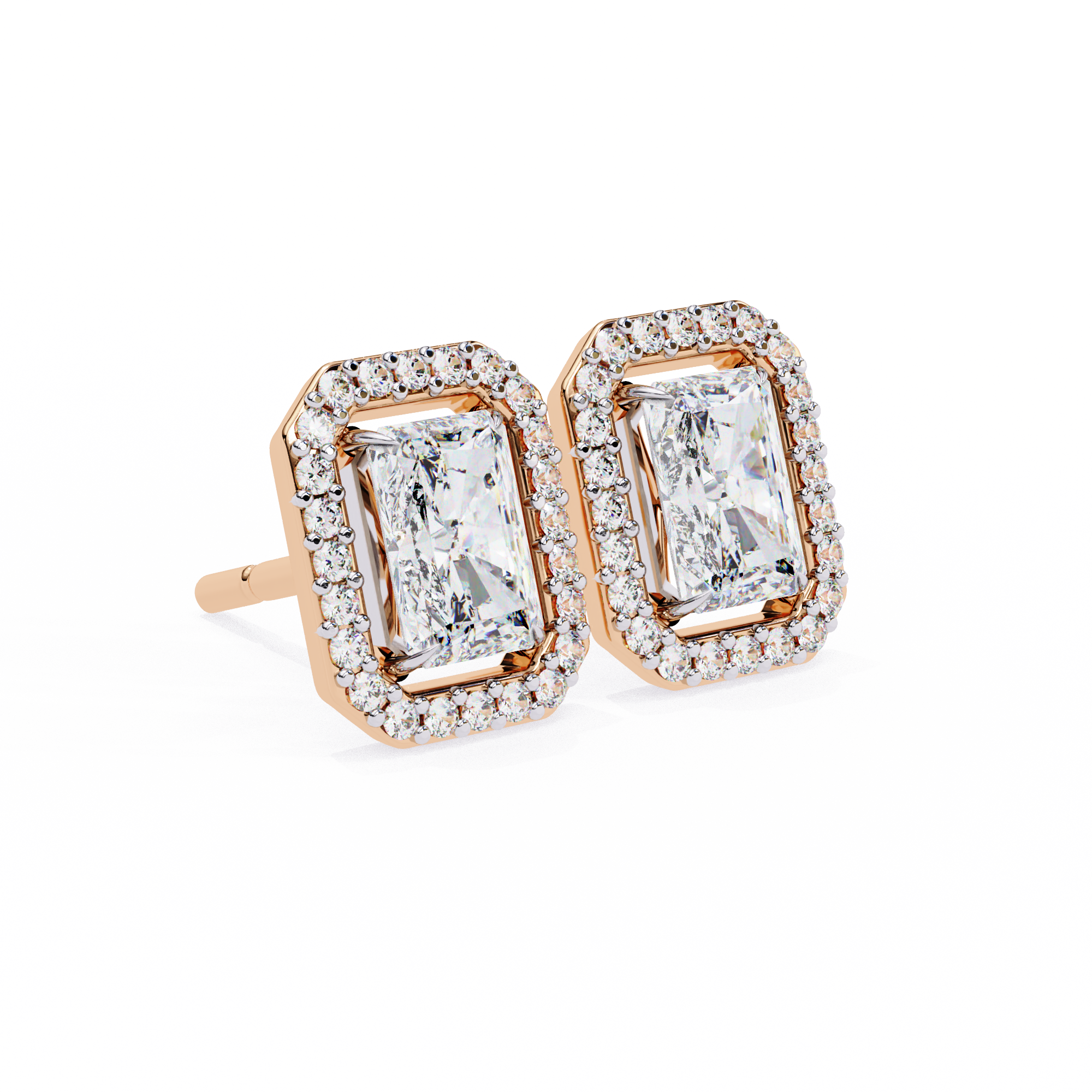 1.9 Carat Natural Diamond Radiant Cut Halo Stud Earrings.