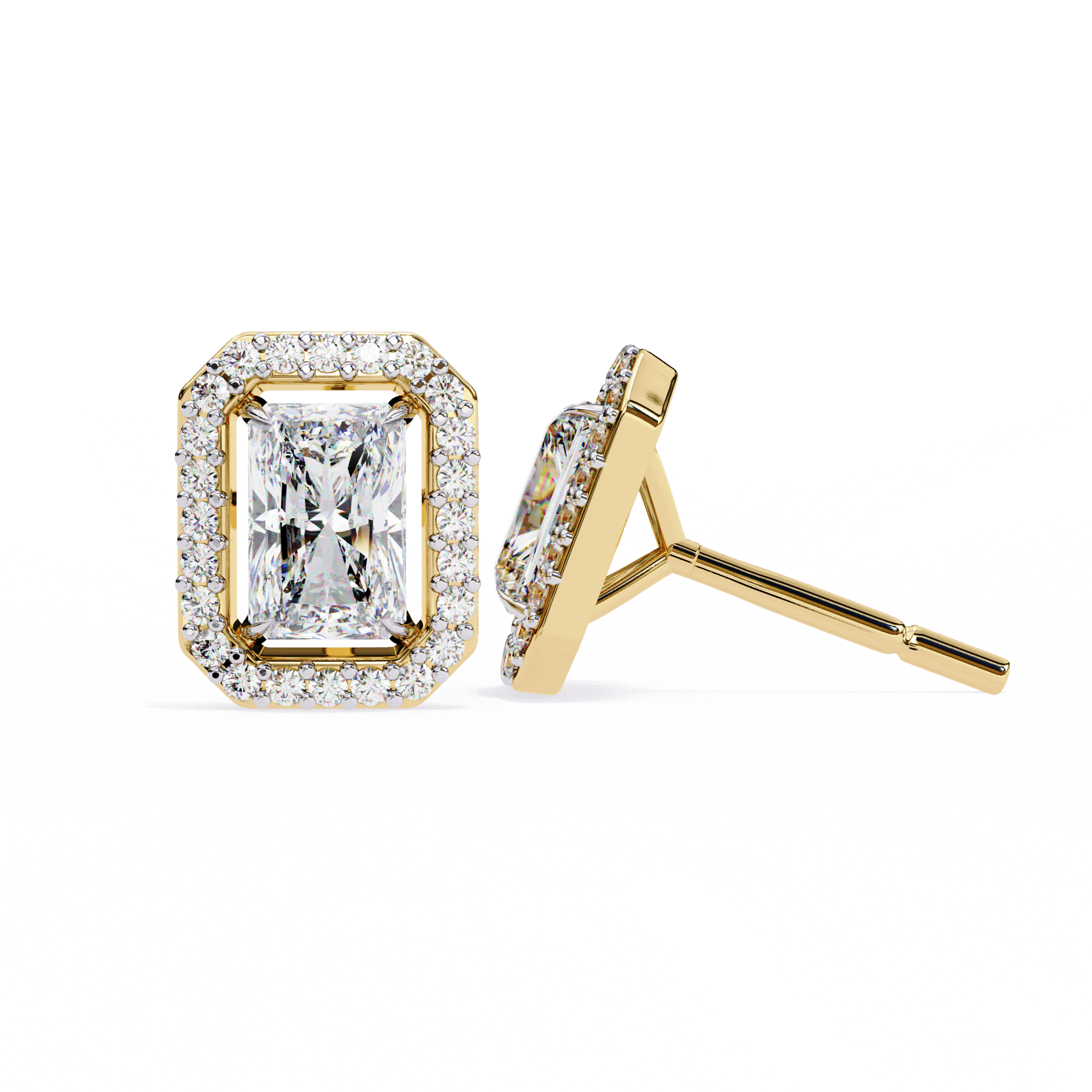 1.9 Carat Natural Diamond Radiant Cut Halo Stud Earrings.
