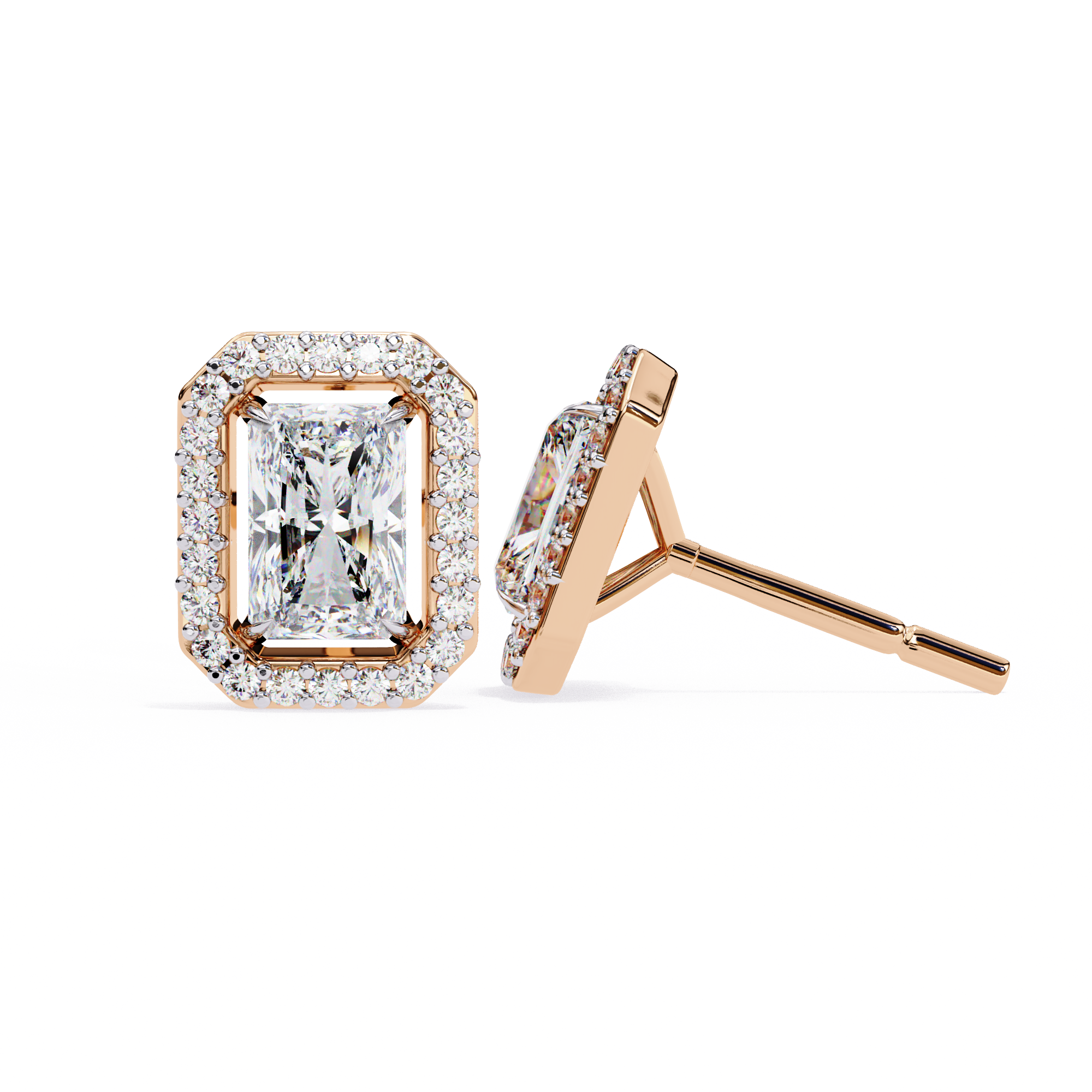 1.9 Carat Natural Diamond Radiant Cut Halo Stud Earrings.