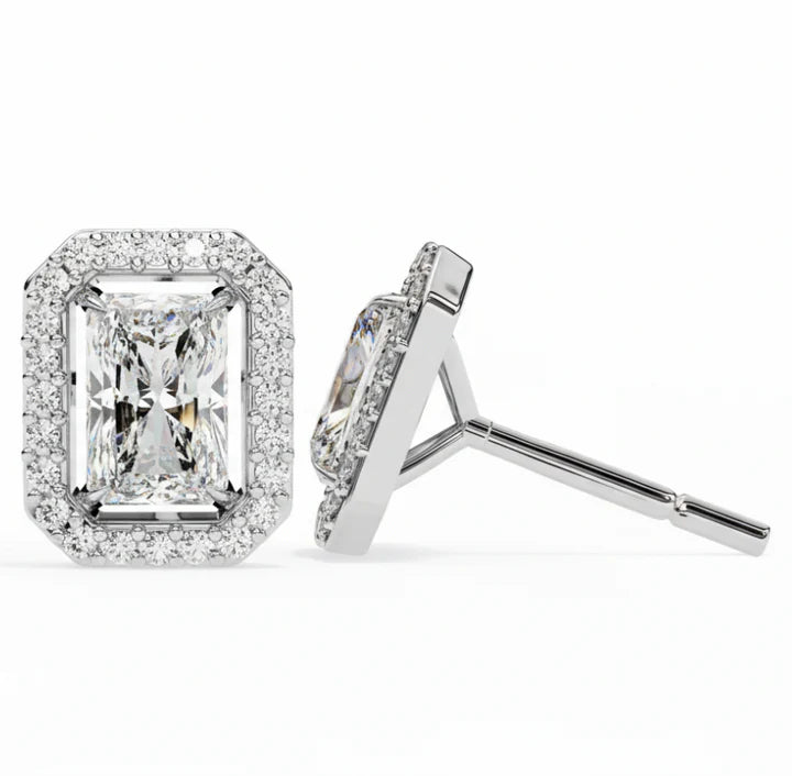 1.9 Carat Natural Diamond Radiant Cut Halo Stud Earrings.