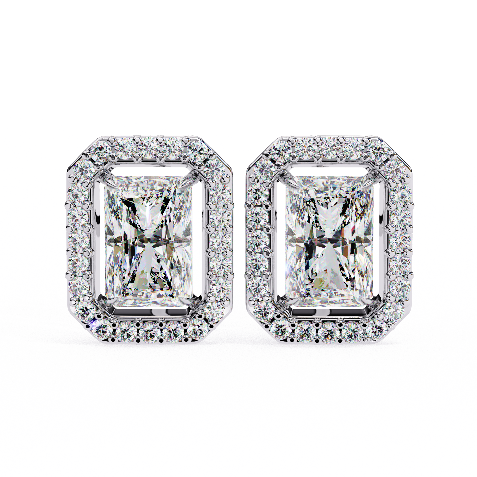 1.9 Carat Natural Diamond Radiant Cut Halo Stud Earrings.