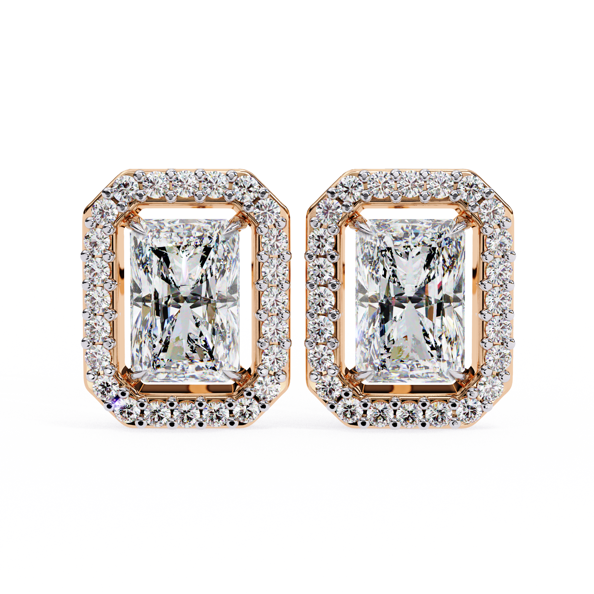 1.9 Carat Natural Diamond Radiant Cut Halo Stud Earrings.