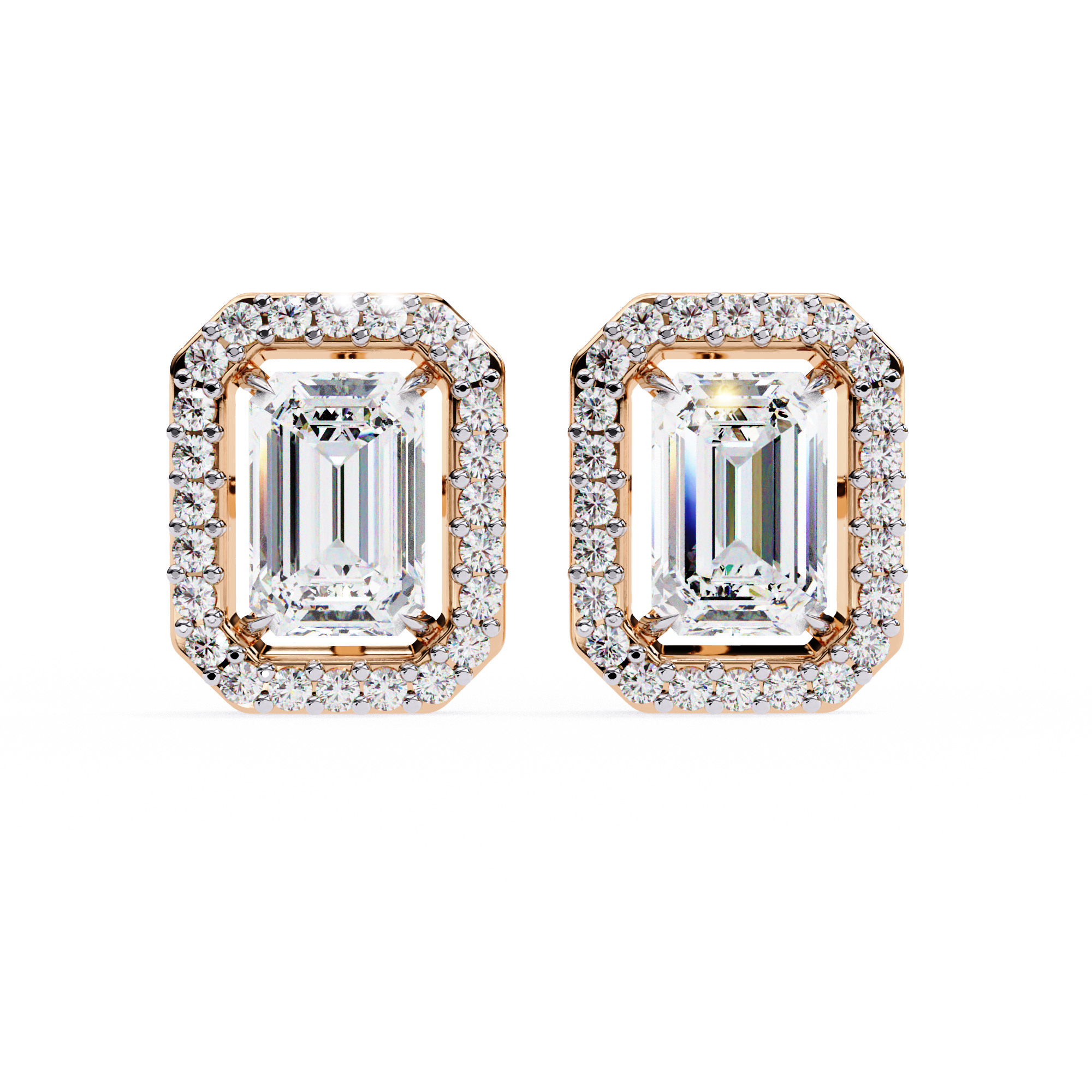 2 Carat Natural Diamond Emerald Cut Halo Stud Earrings.
