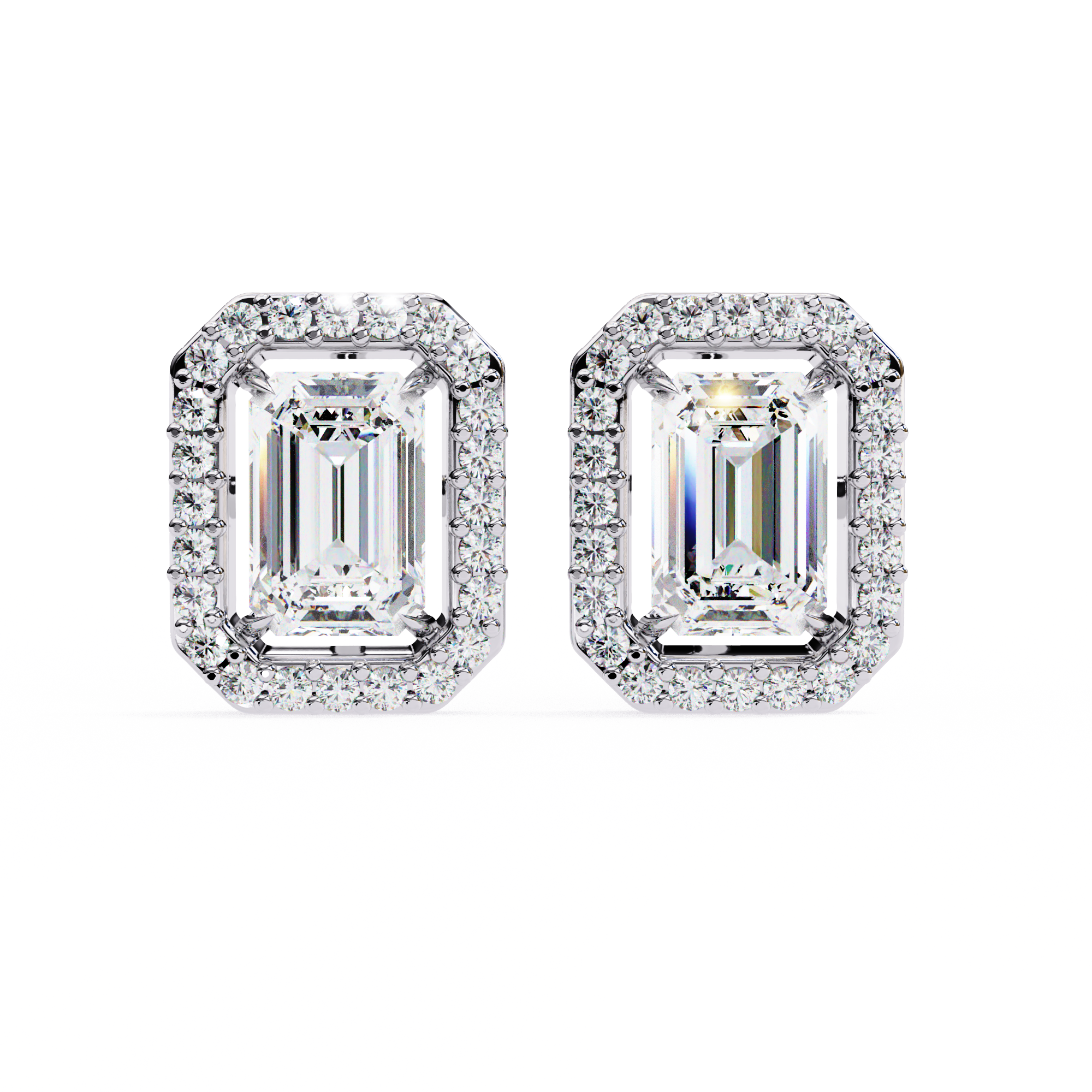 2 Carat Emerald and Round EF/VS Lab Grown Diamond Halo Stud Earrings