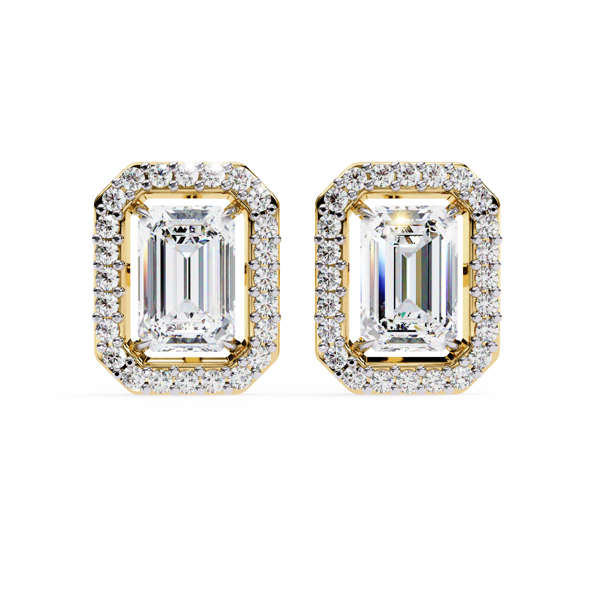2 Carat Natural Diamond Emerald Cut Halo Stud Earrings.