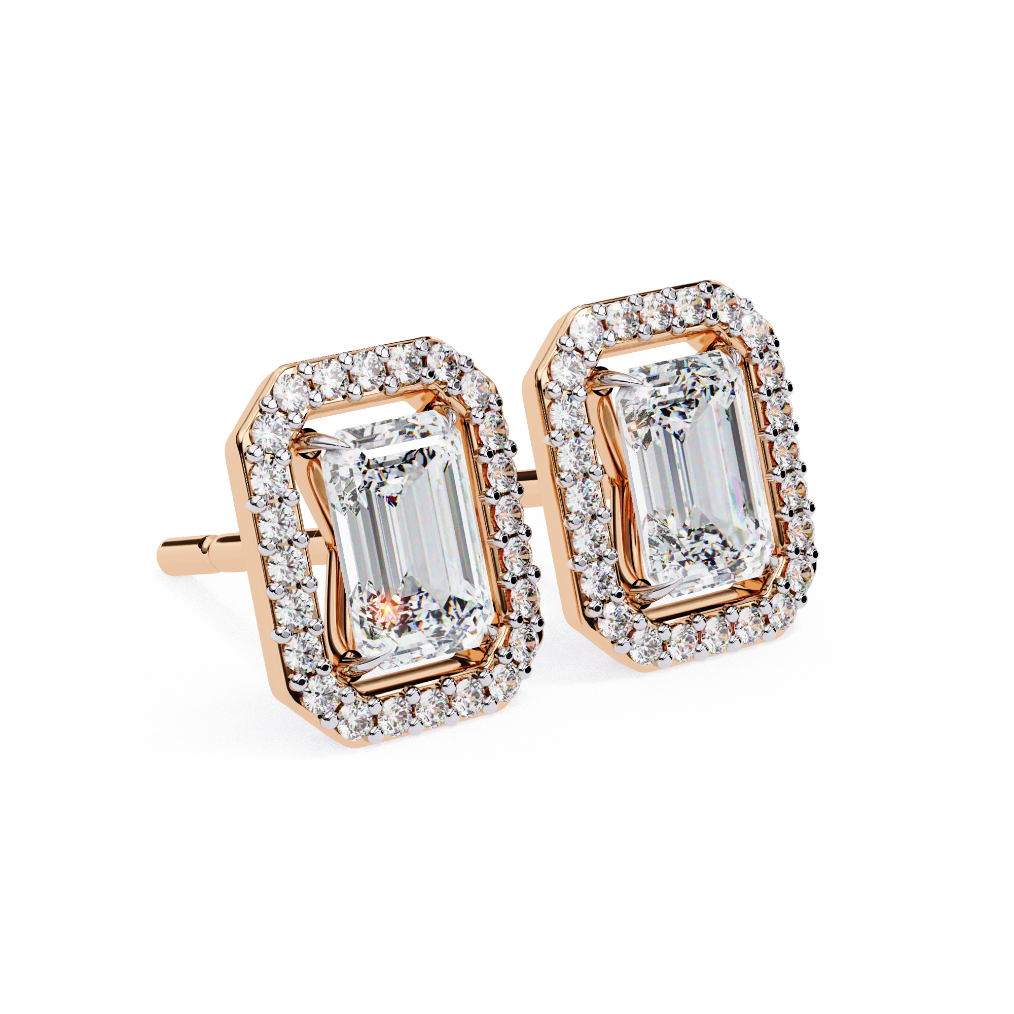 2 Carat Natural Diamond Emerald Cut Halo Stud Earrings.