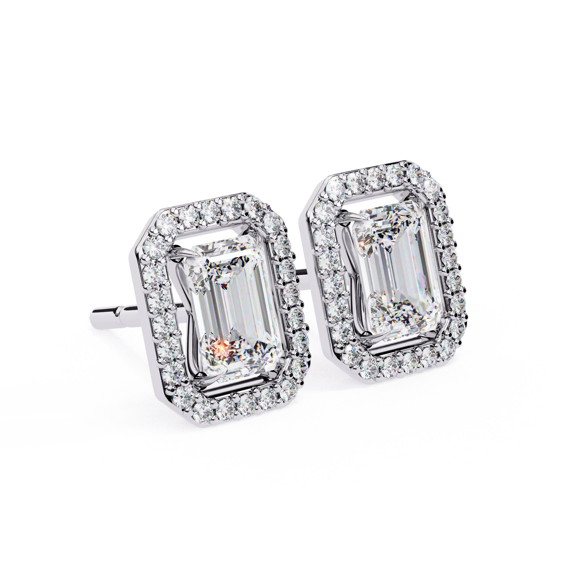 2 Carat Emerald and Round EF/VS Lab Grown Diamond Halo Stud Earrings