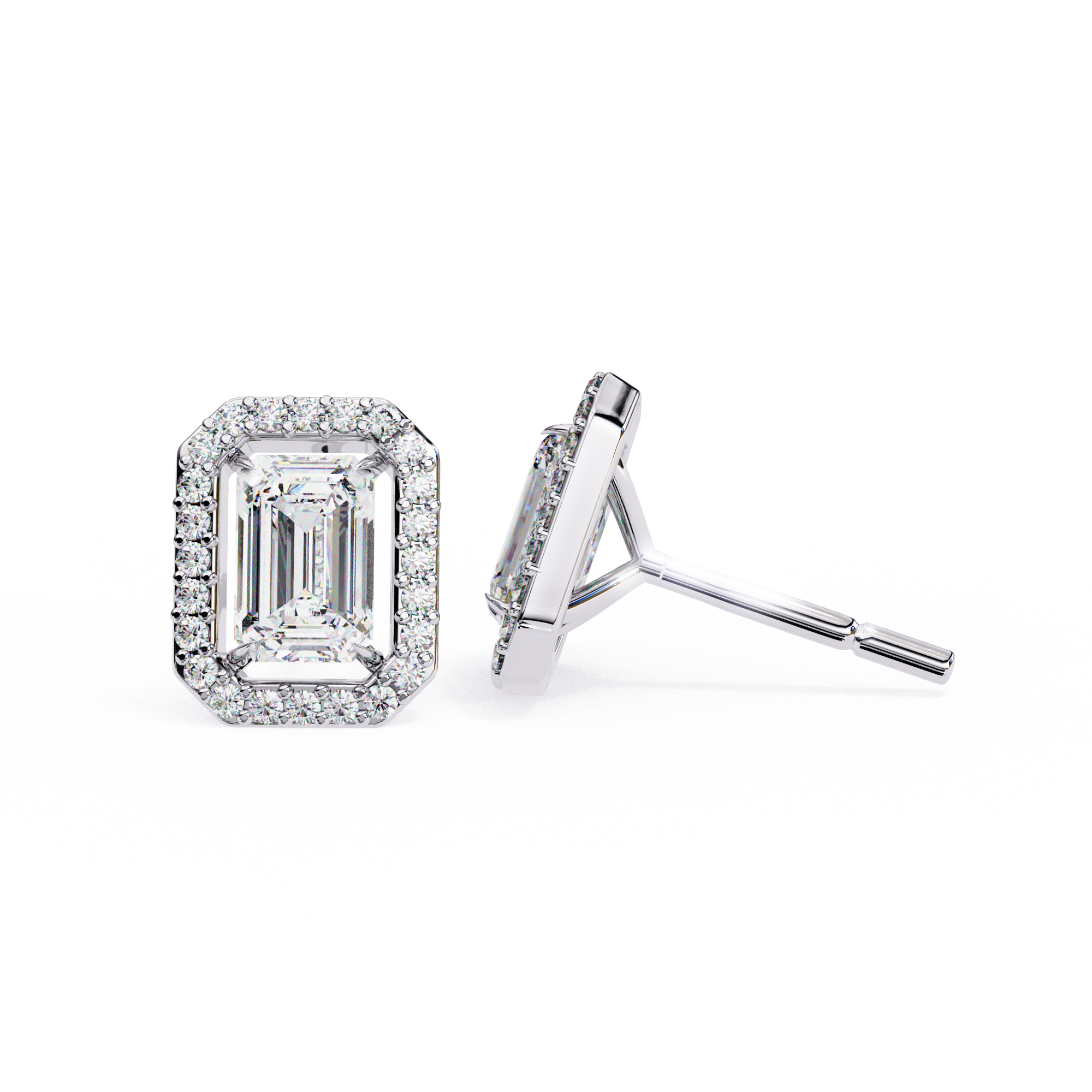 2 Carat Natural Diamond Emerald Cut Halo Stud Earrings.