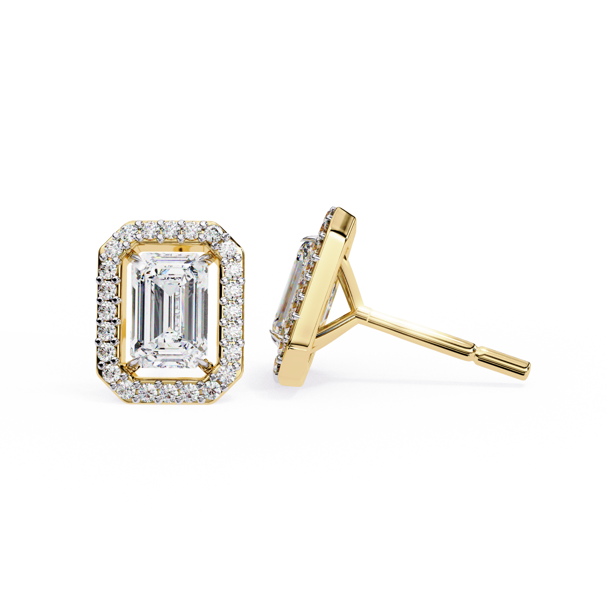 2 Carat Natural Diamond Emerald Cut Halo Stud Earrings.
