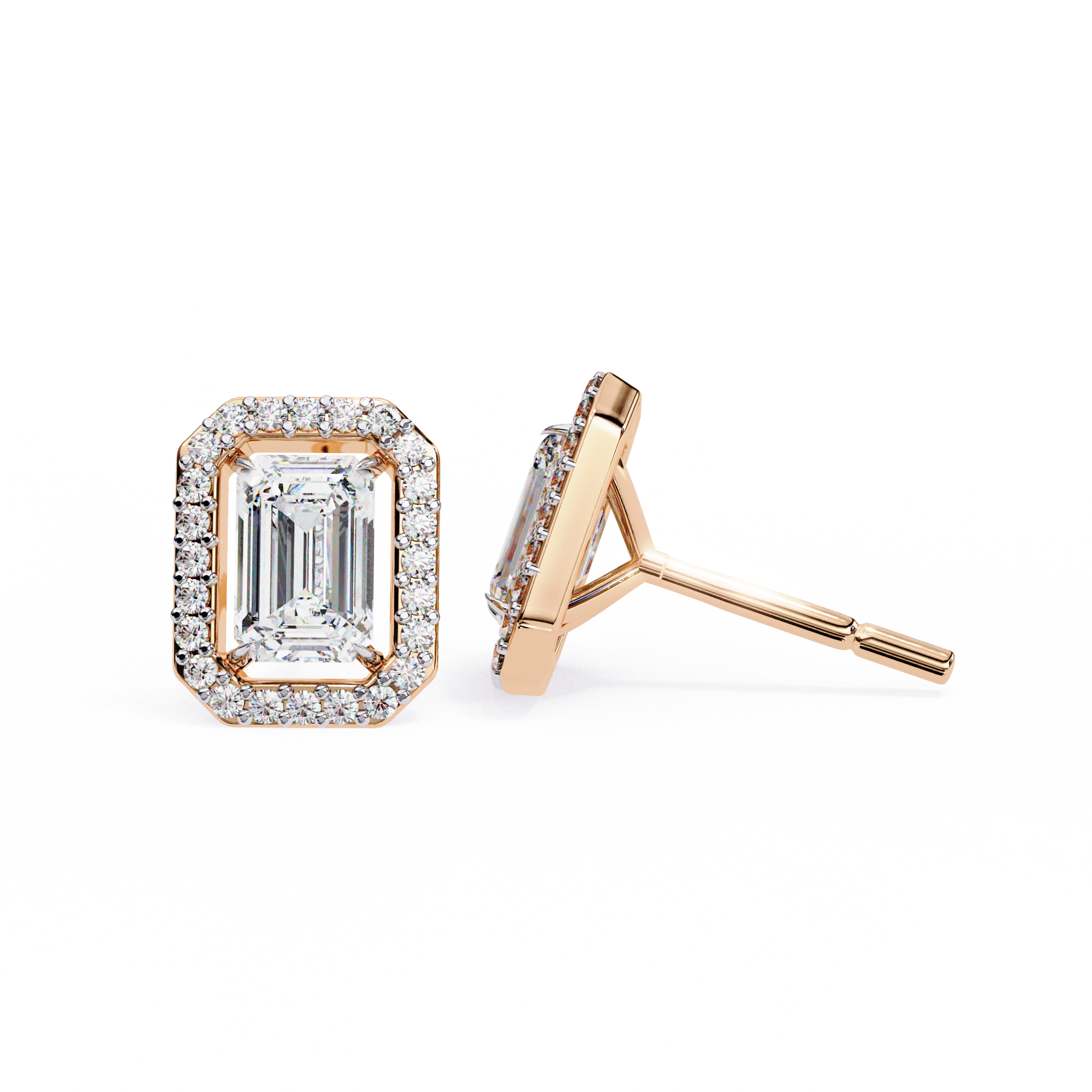 2 Carat Natural Diamond Emerald Cut Halo Stud Earrings.