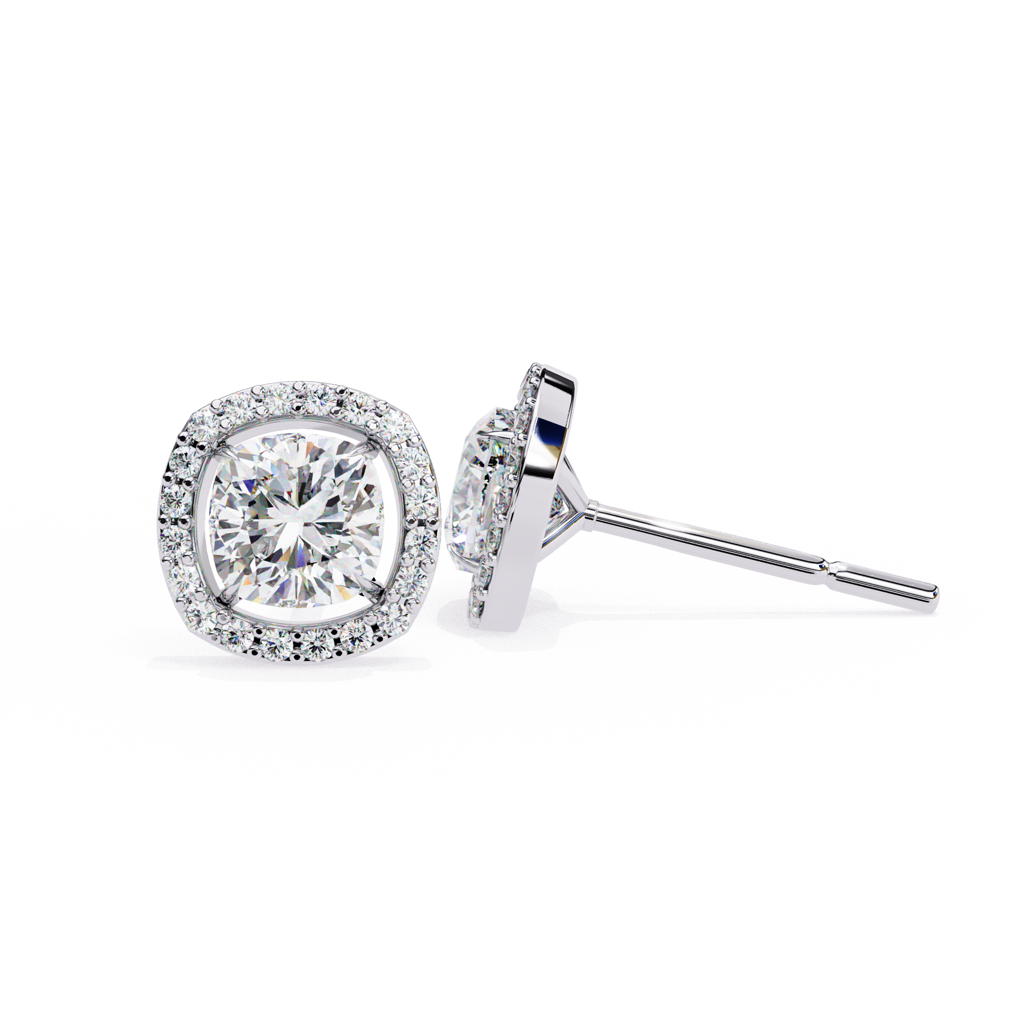 1.92 Carat Natural Diamond Cushion Halo Stud Earrings.