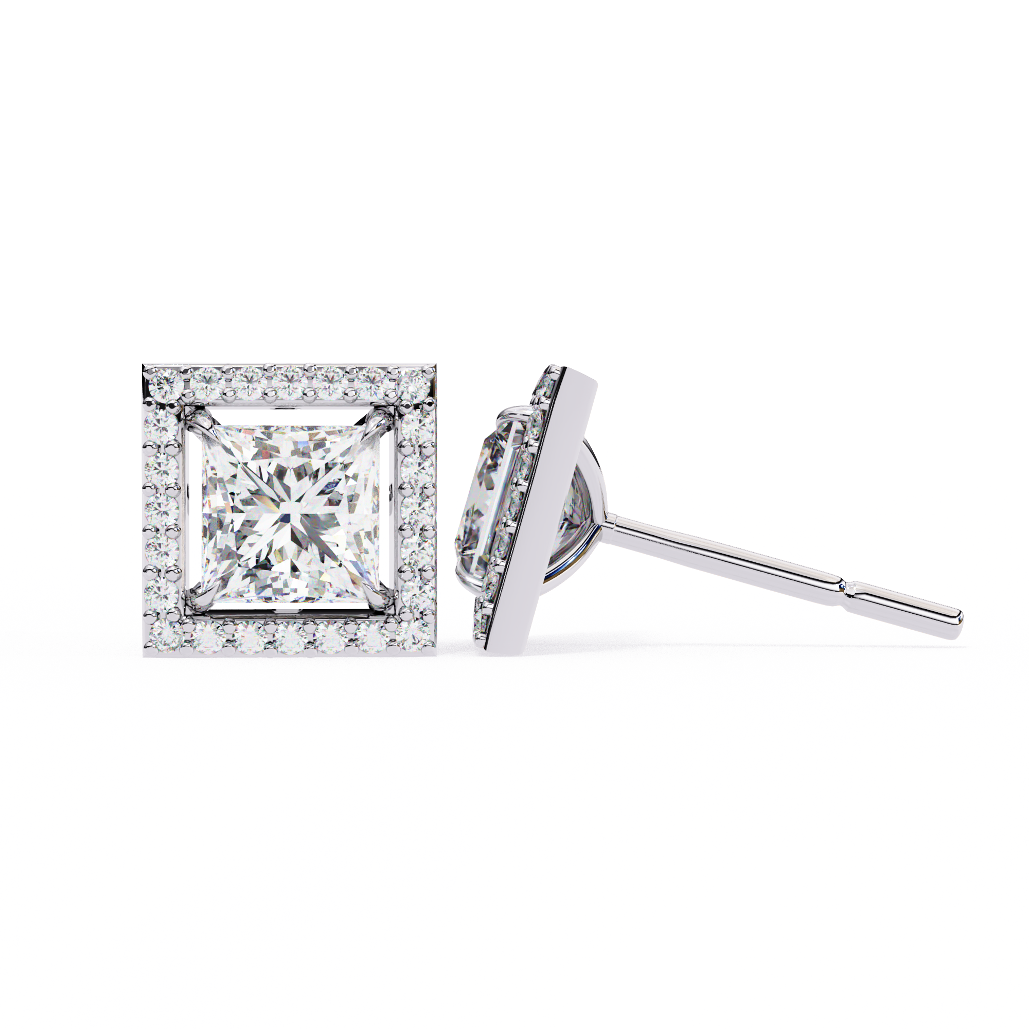 1.68 CT Princess Natural Diamond Halo Stud Earrings