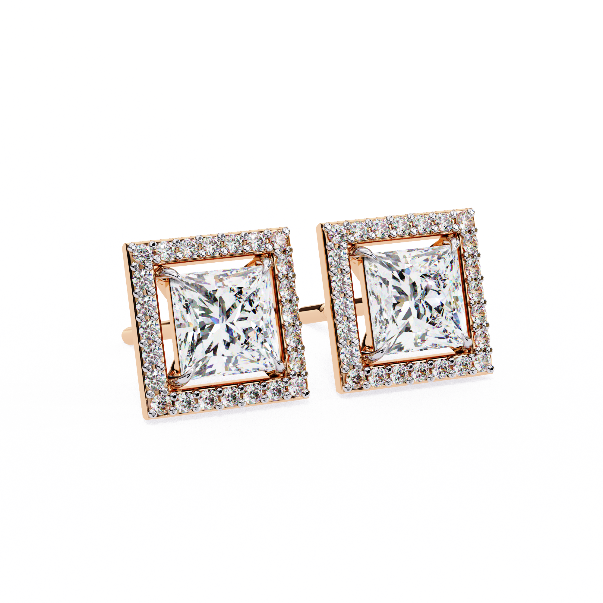 1.68 CT Princess Natural Diamond Halo Stud Earrings