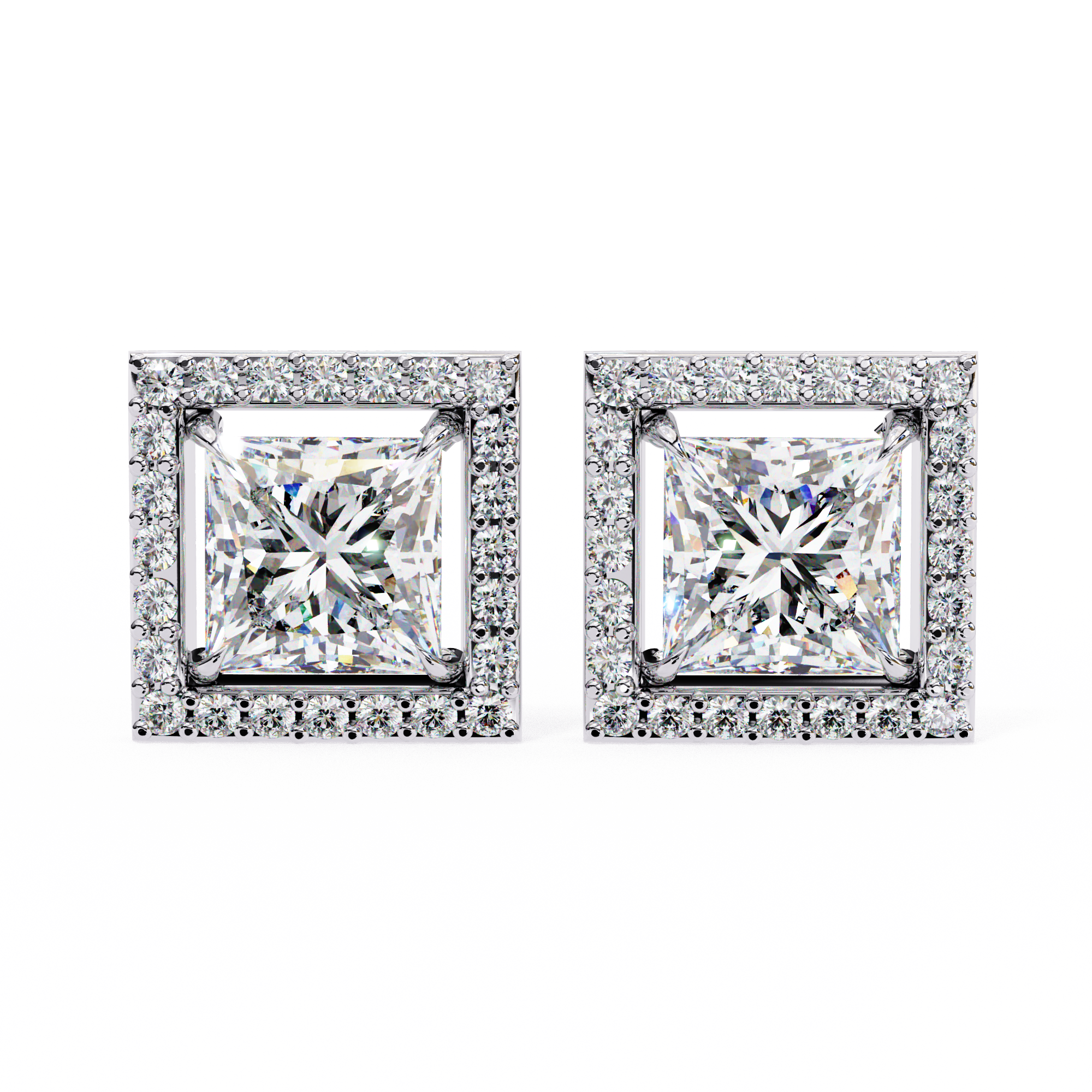 1.68 CT Princess Natural Diamond Halo Stud Earrings