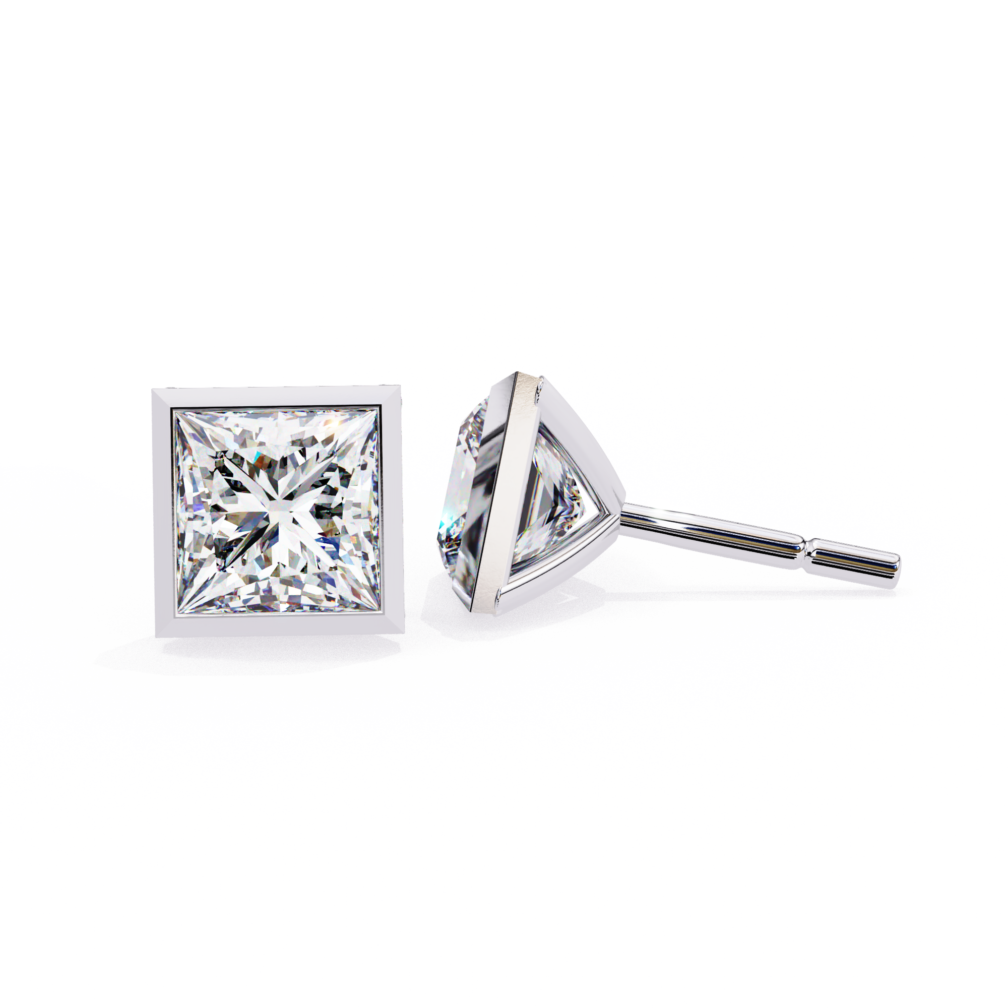 1.77ct Princess Cut Diamond Studs in Bezel Set – H VS1