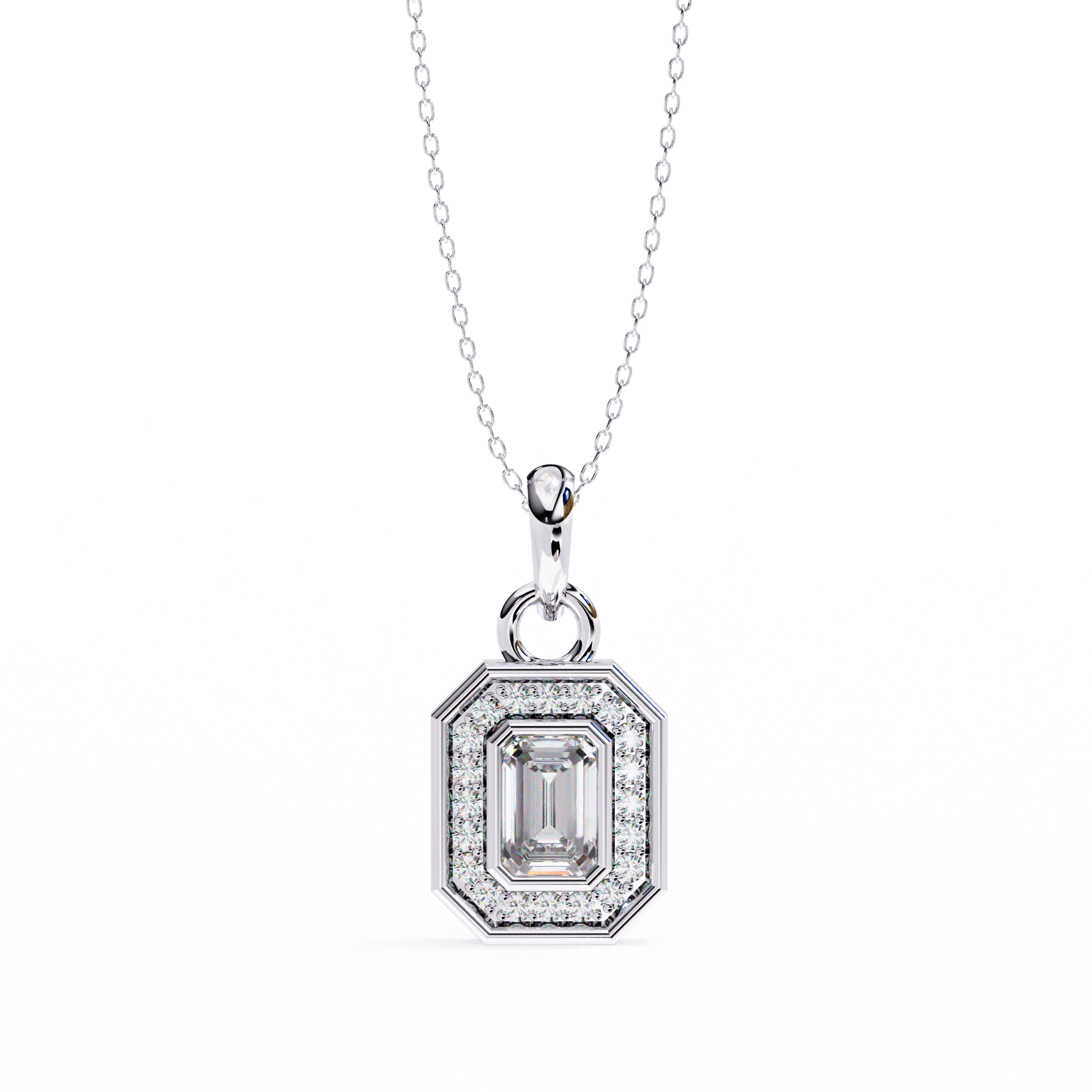 Emerald & Round Shape 0.93ct EF/VS Lab-Grown Diamond Halo Pendant Necklace