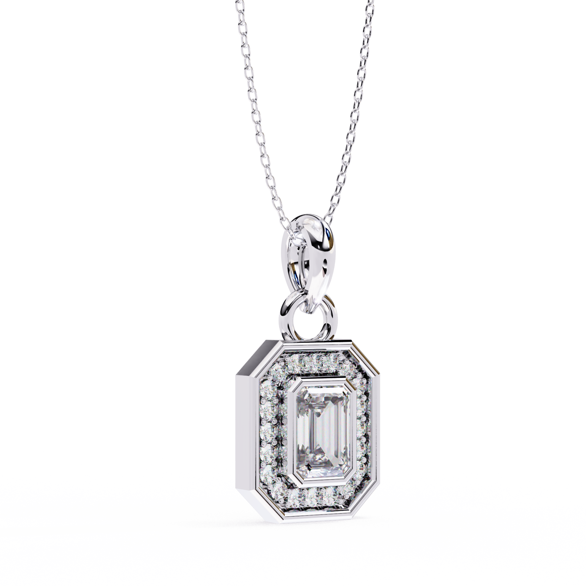 Emerald & Round Shape 0.93ct EF/VS Lab-Grown Diamond Halo Pendant Necklace