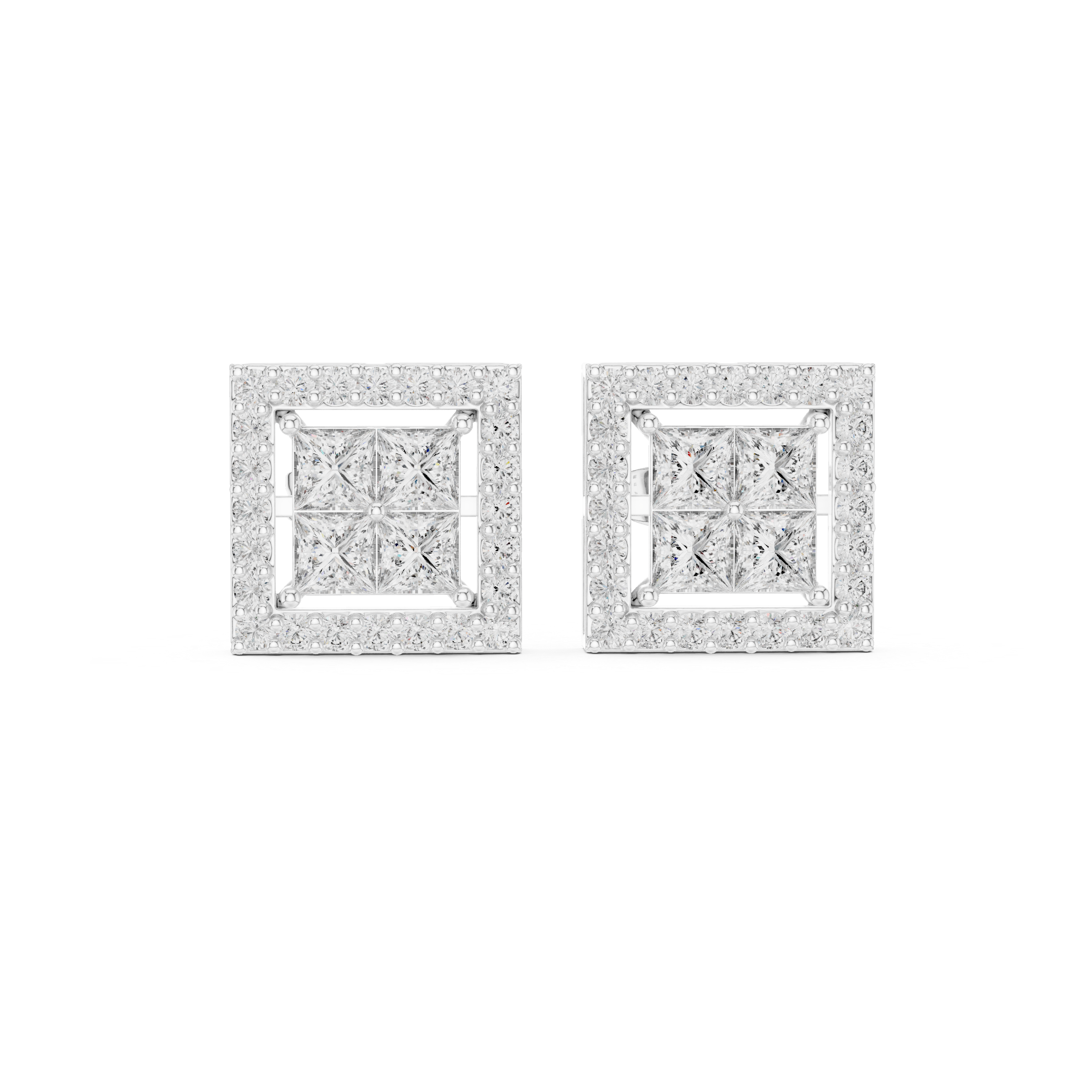 1.666 Carat Princess & Round Cut Natural Diamond Halo Stud Earrings – GH/VS