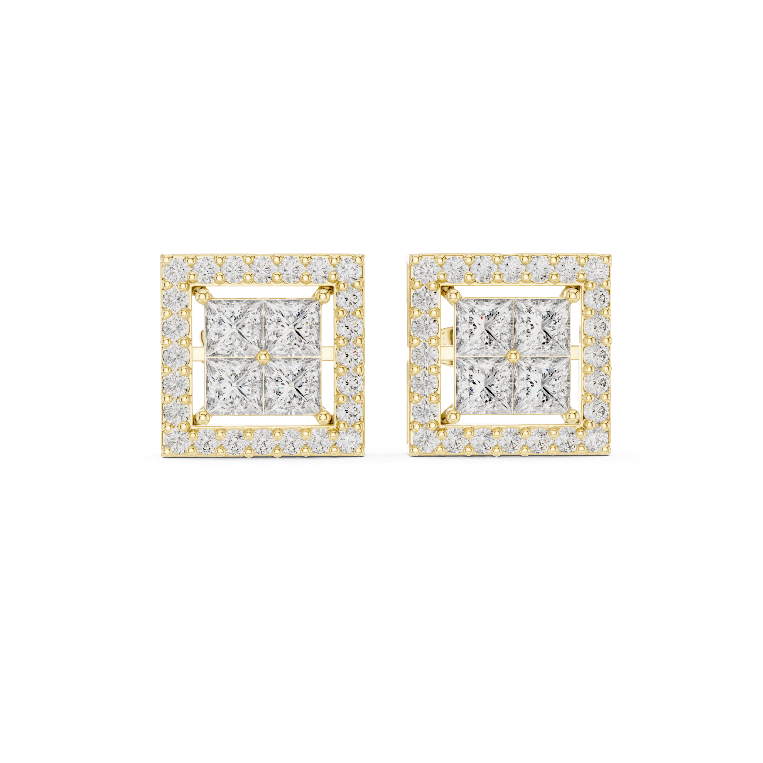 1.666 Carat Princess & Round Cut Natural Diamond Halo Stud Earrings – GH/VS