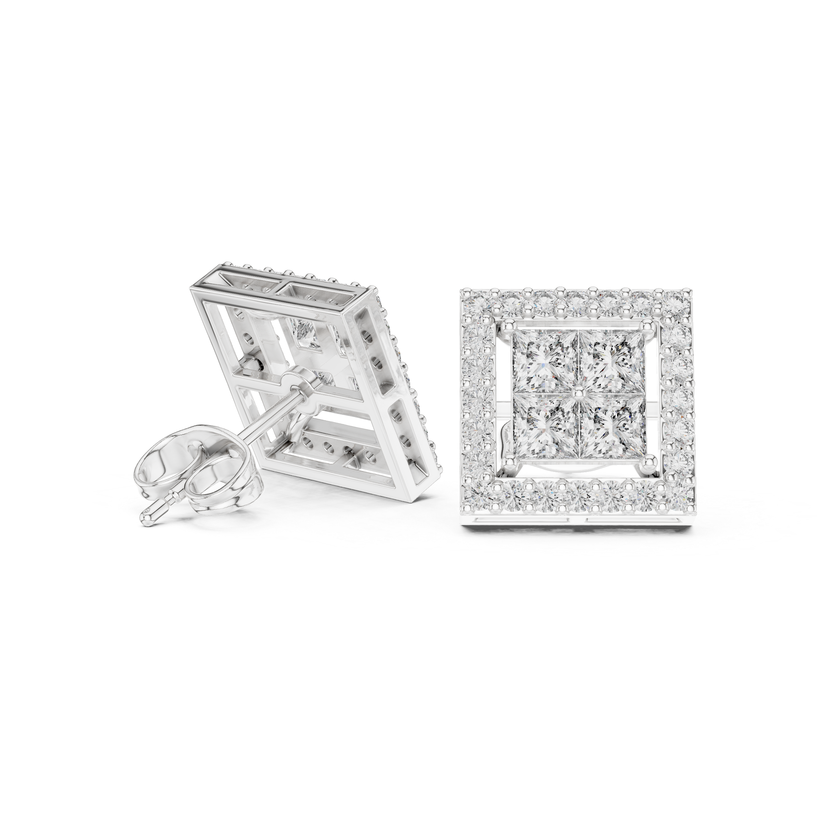 1.666 Carat Princess & Round Cut Natural Diamond Halo Stud Earrings – GH/VS