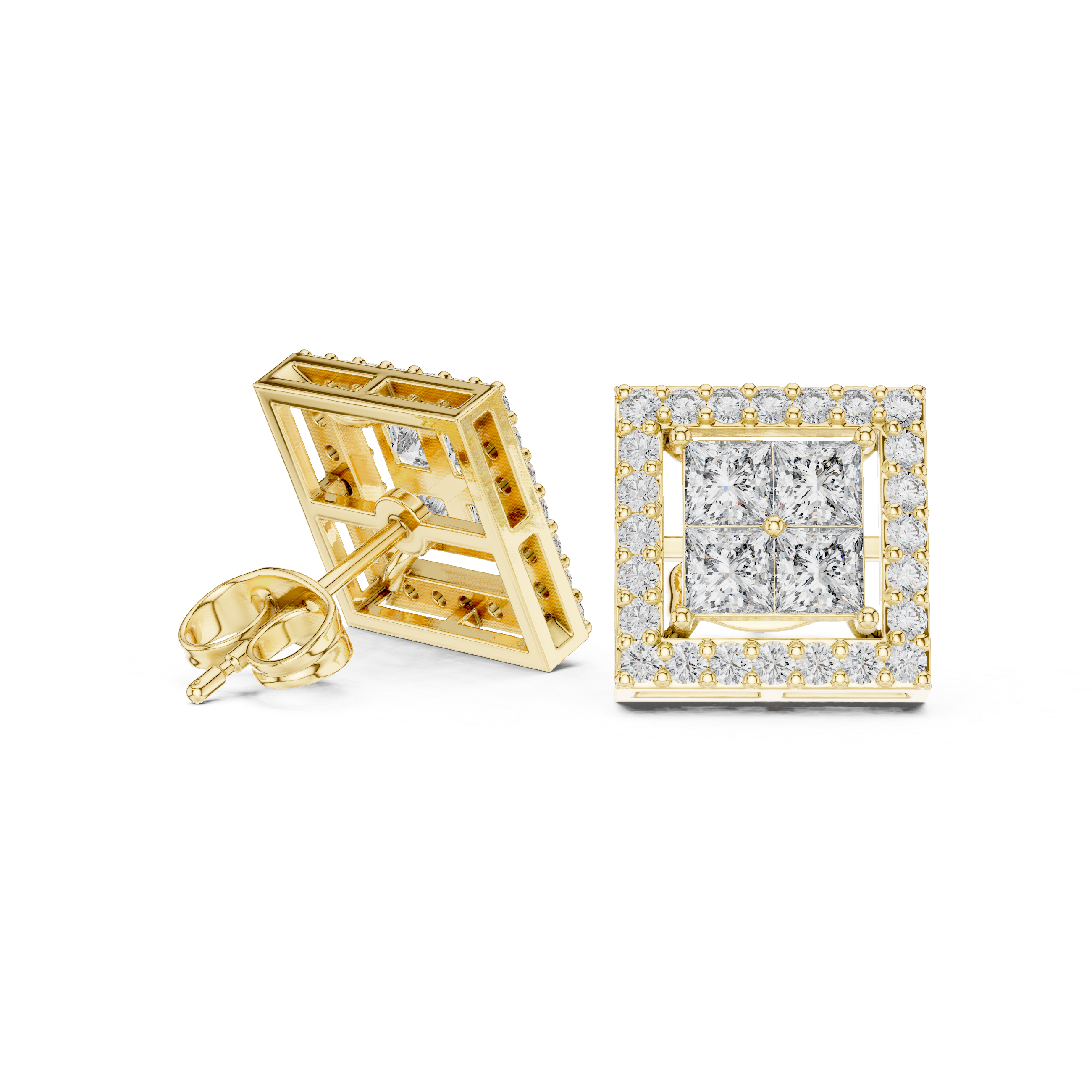 1.666 Carat Princess & Round Cut Natural Diamond Halo Stud Earrings – GH/VS