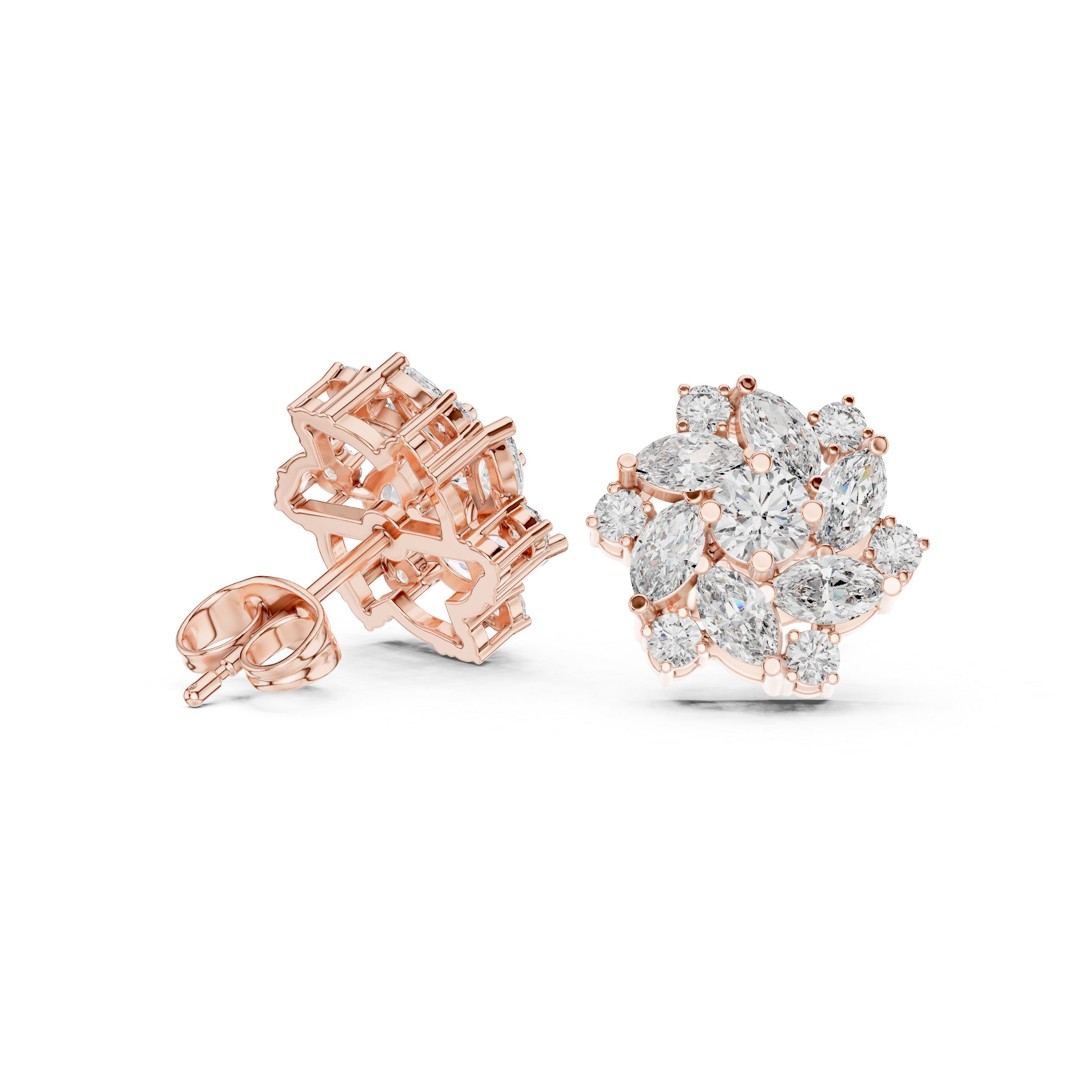 Round & Marquise 1.94ct Natural Diamond Stud Earrings – H Color, VS1 Clarity