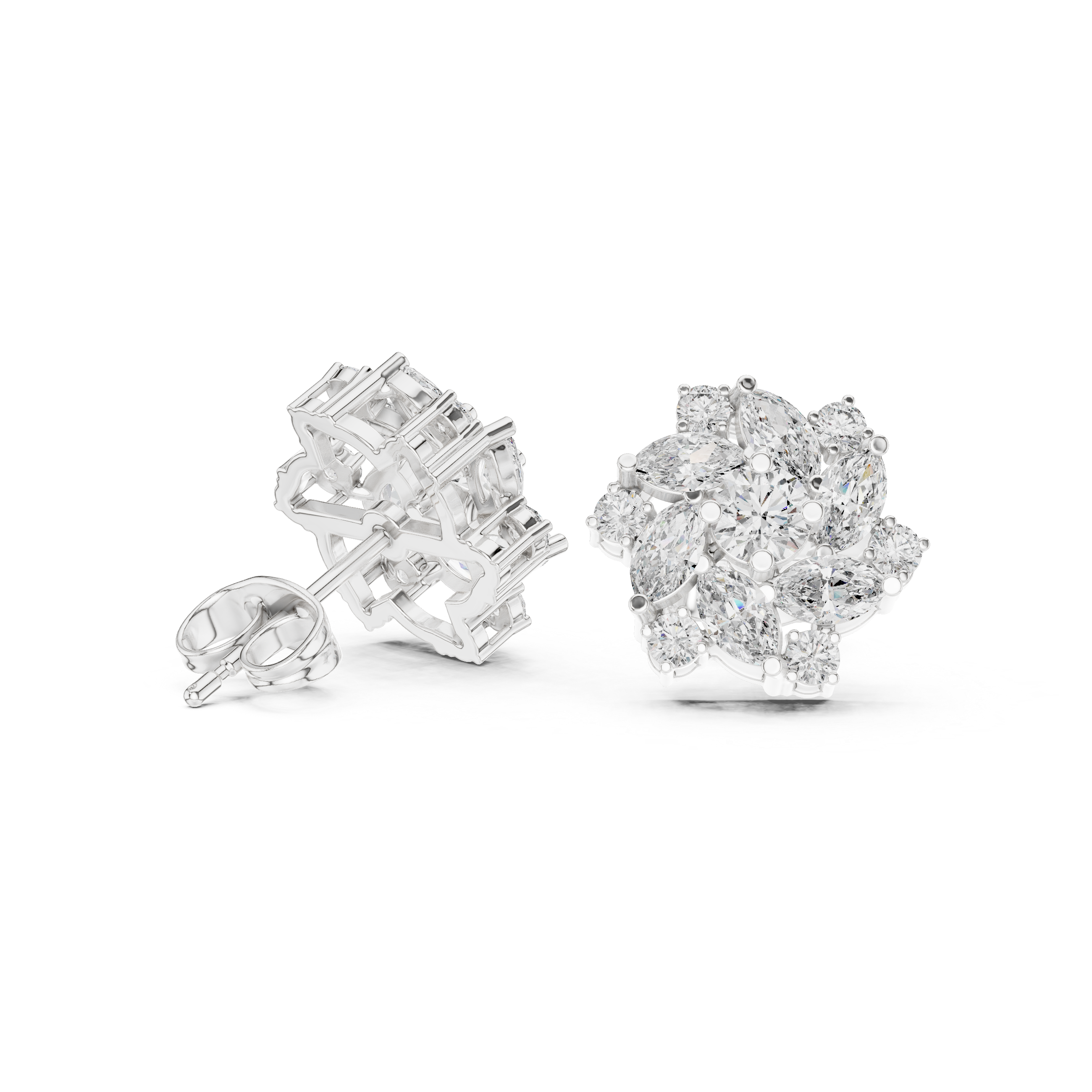 Round & Marquise 1.94ct Natural Diamond Stud Earrings – H Color, VS1 Clarity