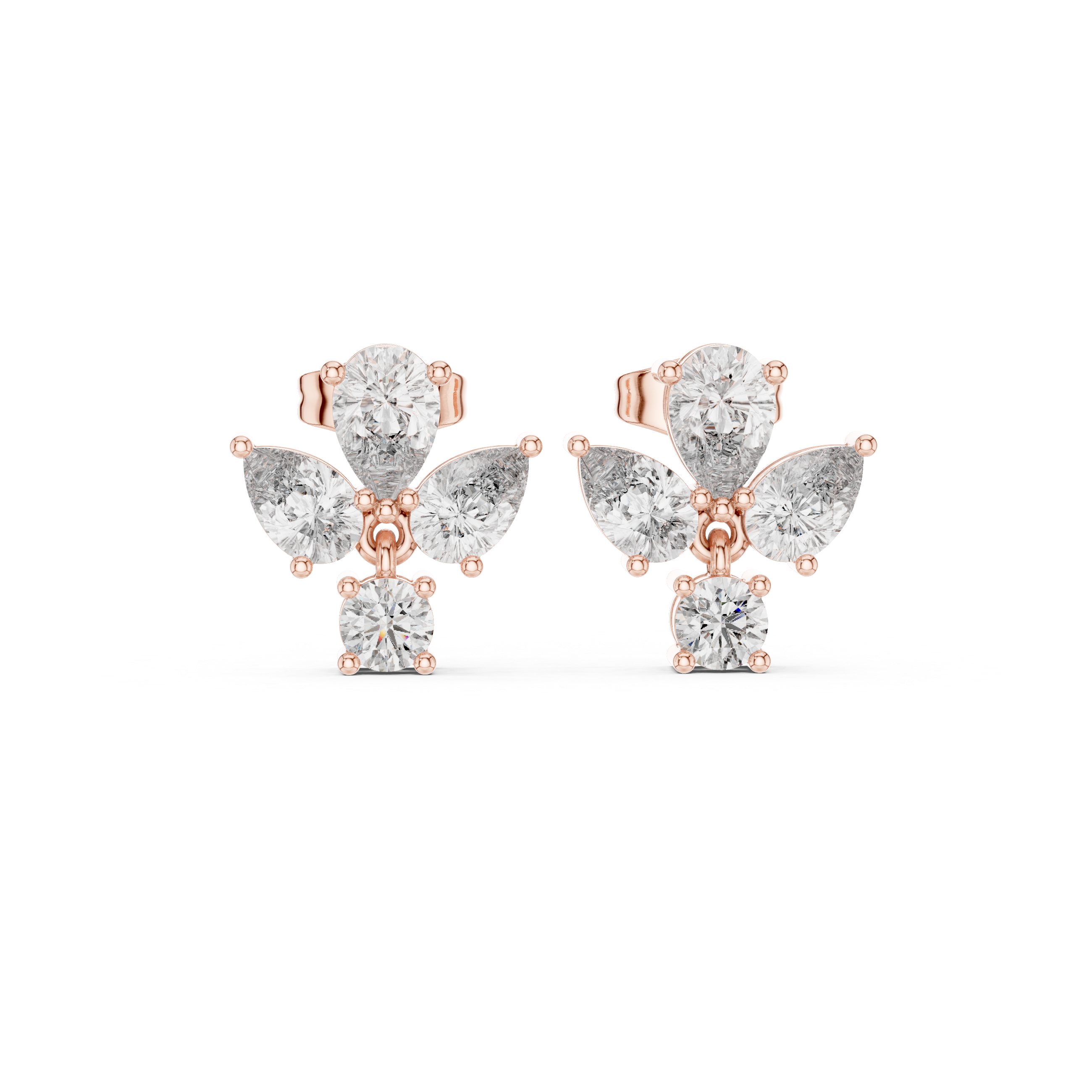 Round & Pear 1.92ct Natural Diamond Stud Earrings – H Color, VS2 Clarity