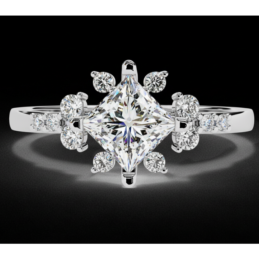 1.01 Carat Princess Cut Lab Grown Diamond Floral Engagement Ring