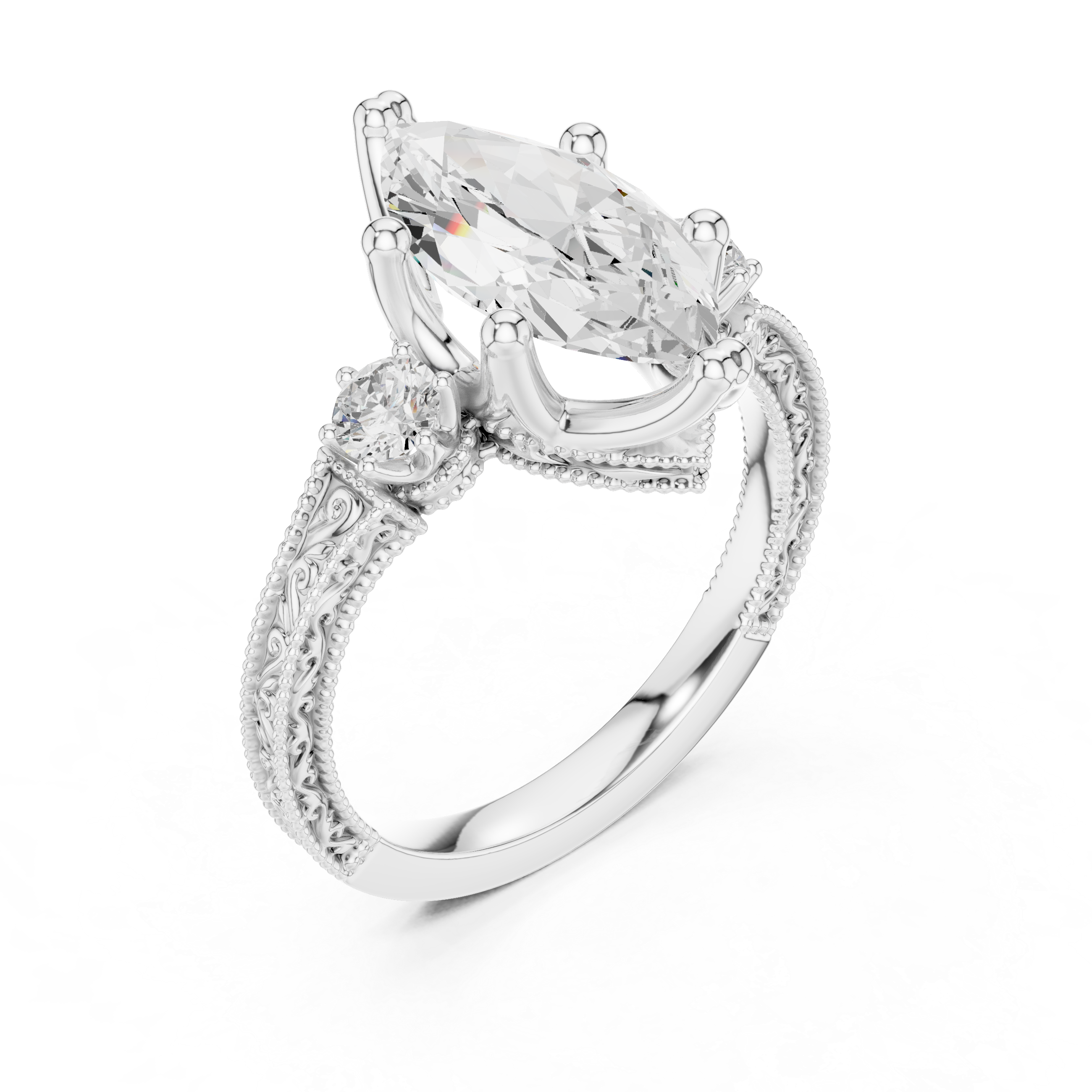 2.80ct H/VS1 Marquise & Round Natural Diamond Three-Stone Ring