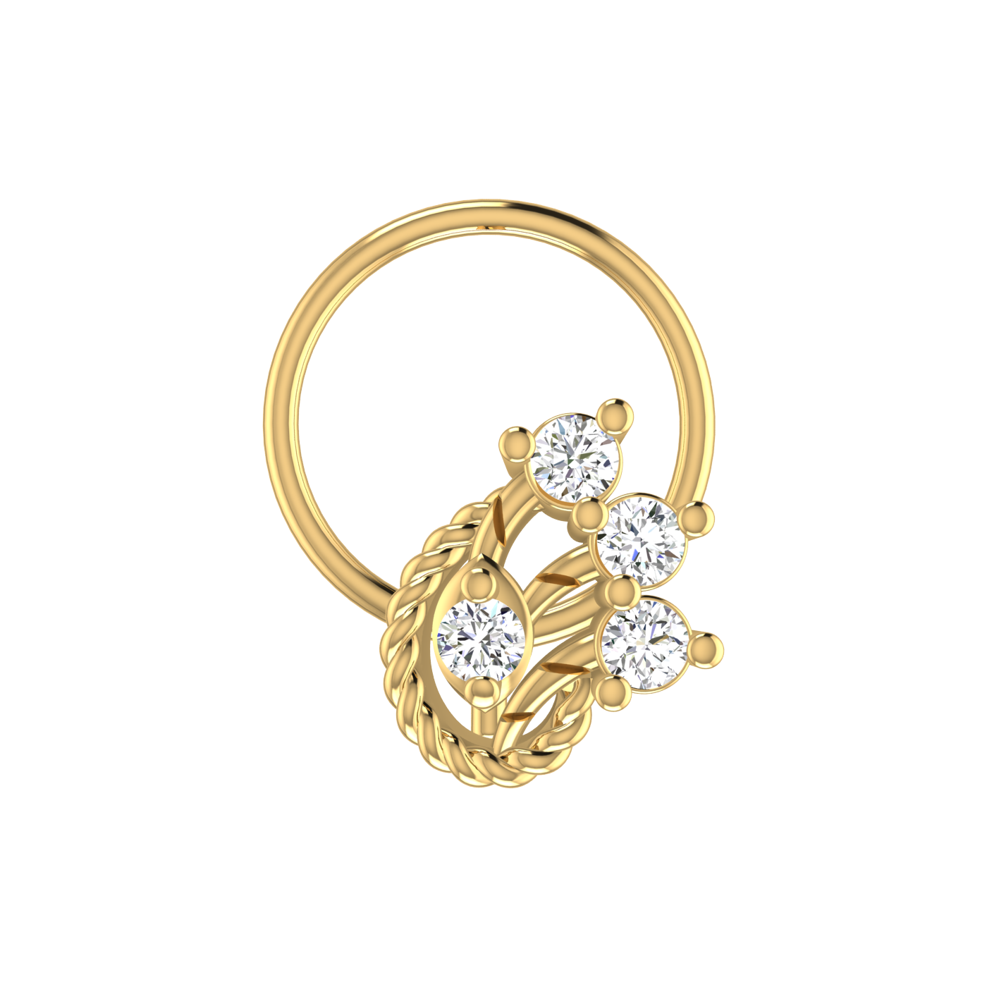 14K Gold Twisted Vine Design 0.08ct Natural Diamond Nose Pin