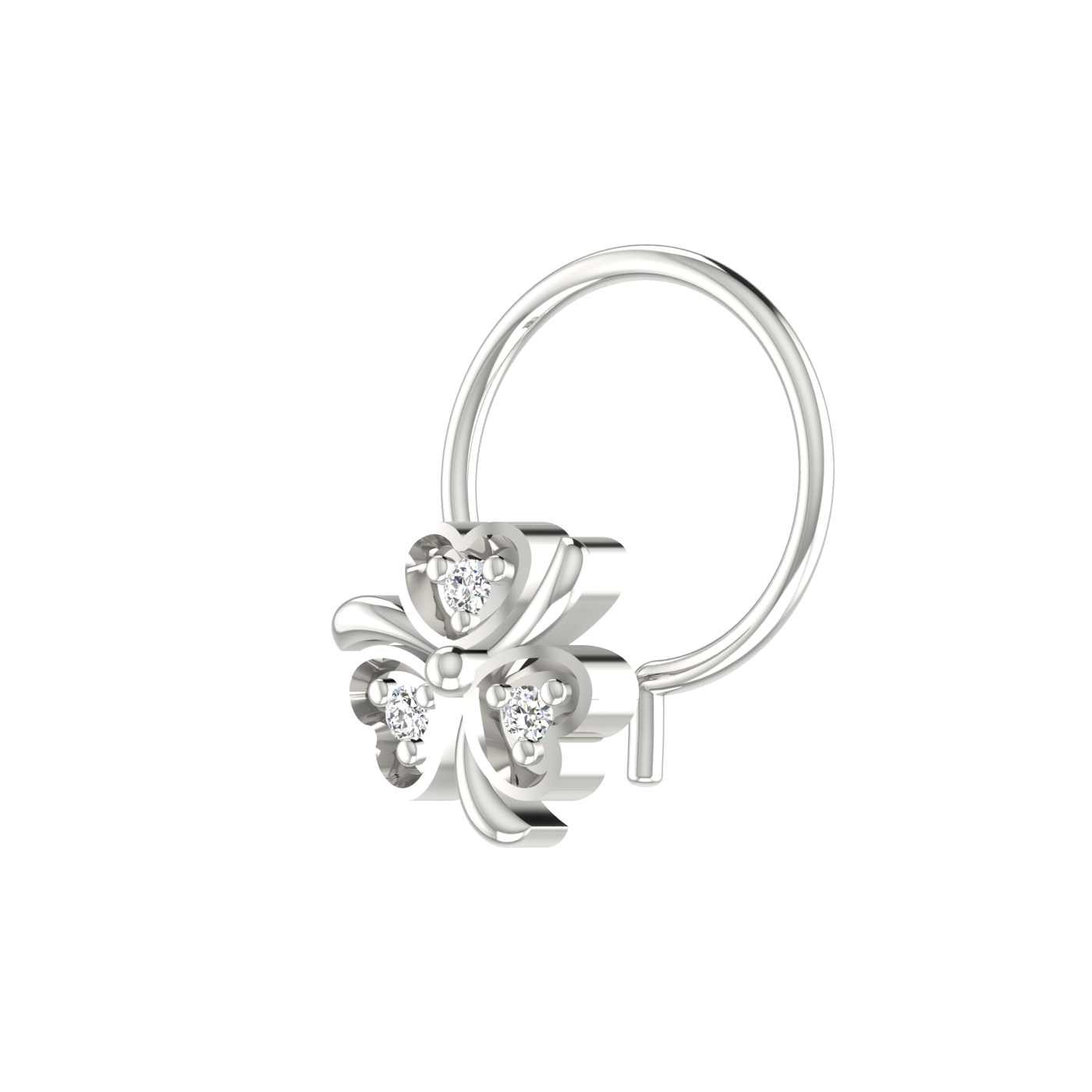 14K Gold Triple Heart Floral Design 0.018ct Natural Diamond Nose Pin