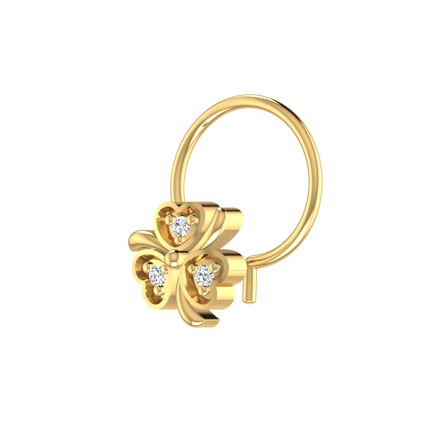 14K Gold Triple Heart Floral Design 0.018ct Natural Diamond Nose Pin