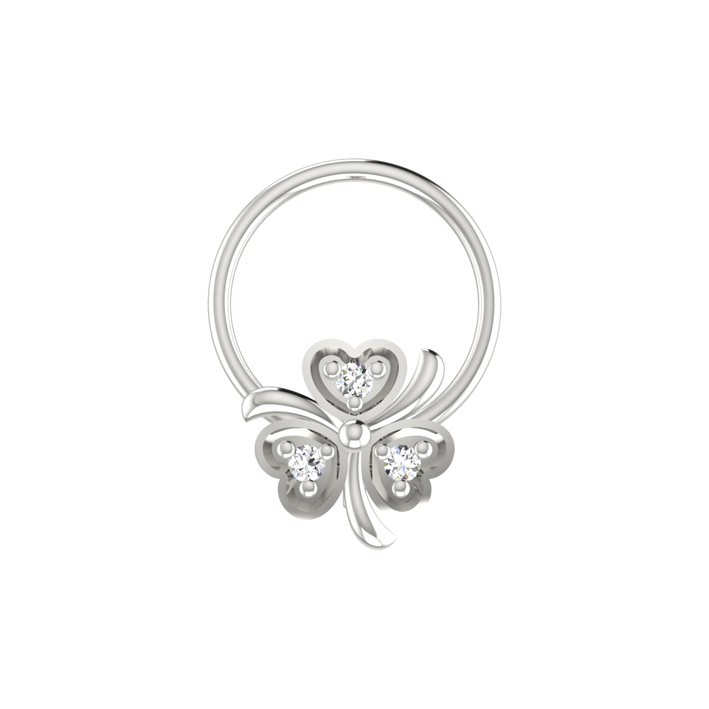 14K Gold Triple Heart Floral Design 0.018ct Natural Diamond Nose Pin