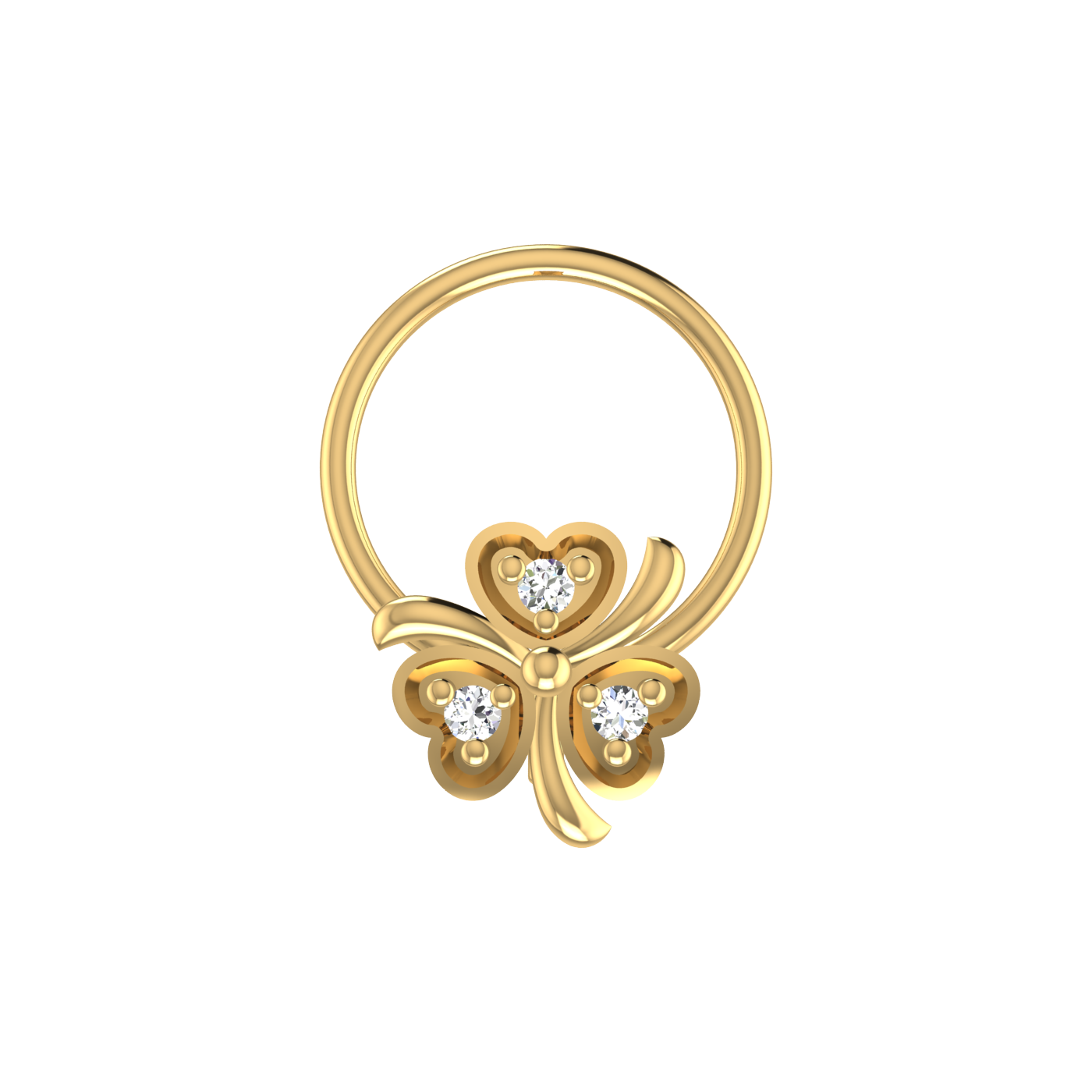 14K Gold Triple Heart Floral Design 0.018ct Natural Diamond Nose Pin