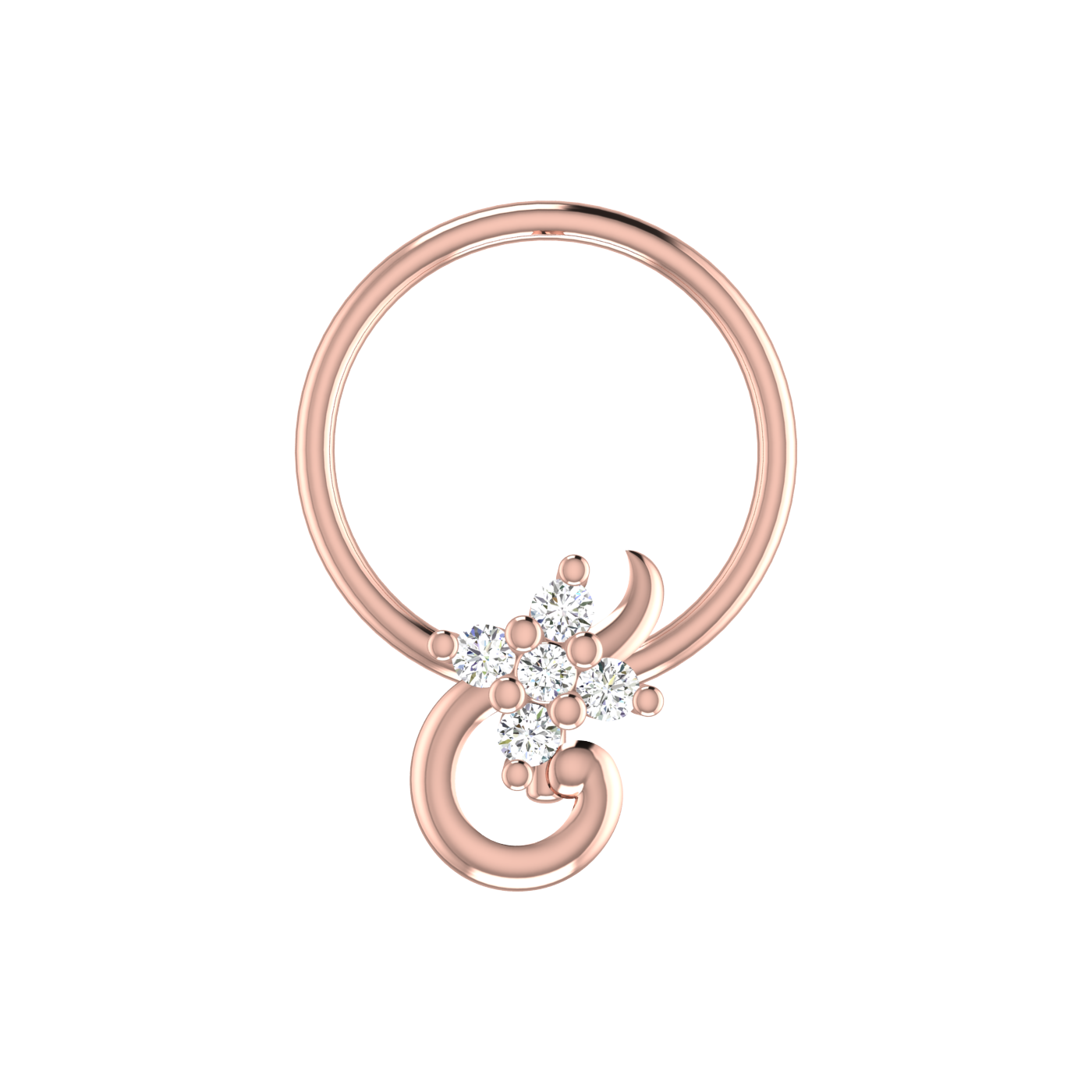 14K Gold Floral Curl Design 0.03ct Natural Diamond Nose Pin