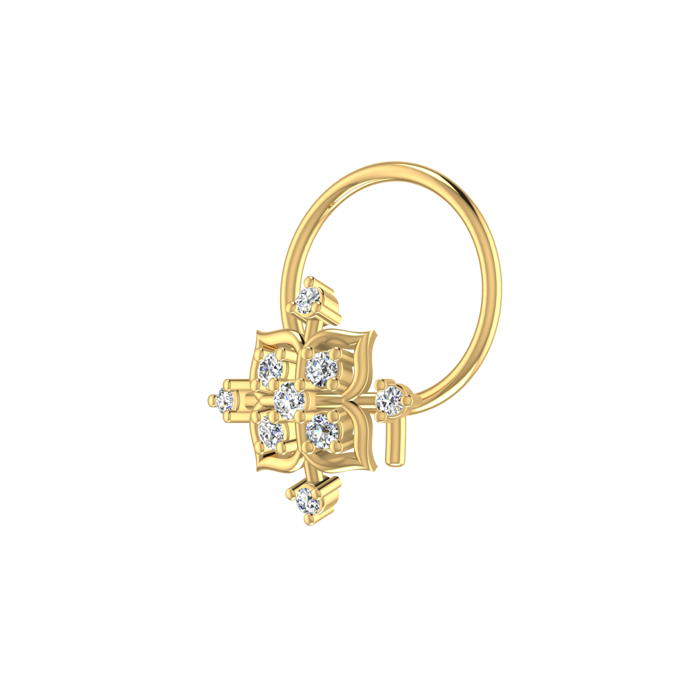 14K Gold Ornate Cross flower Design 0.05ct Lab Diamond Nose Pin