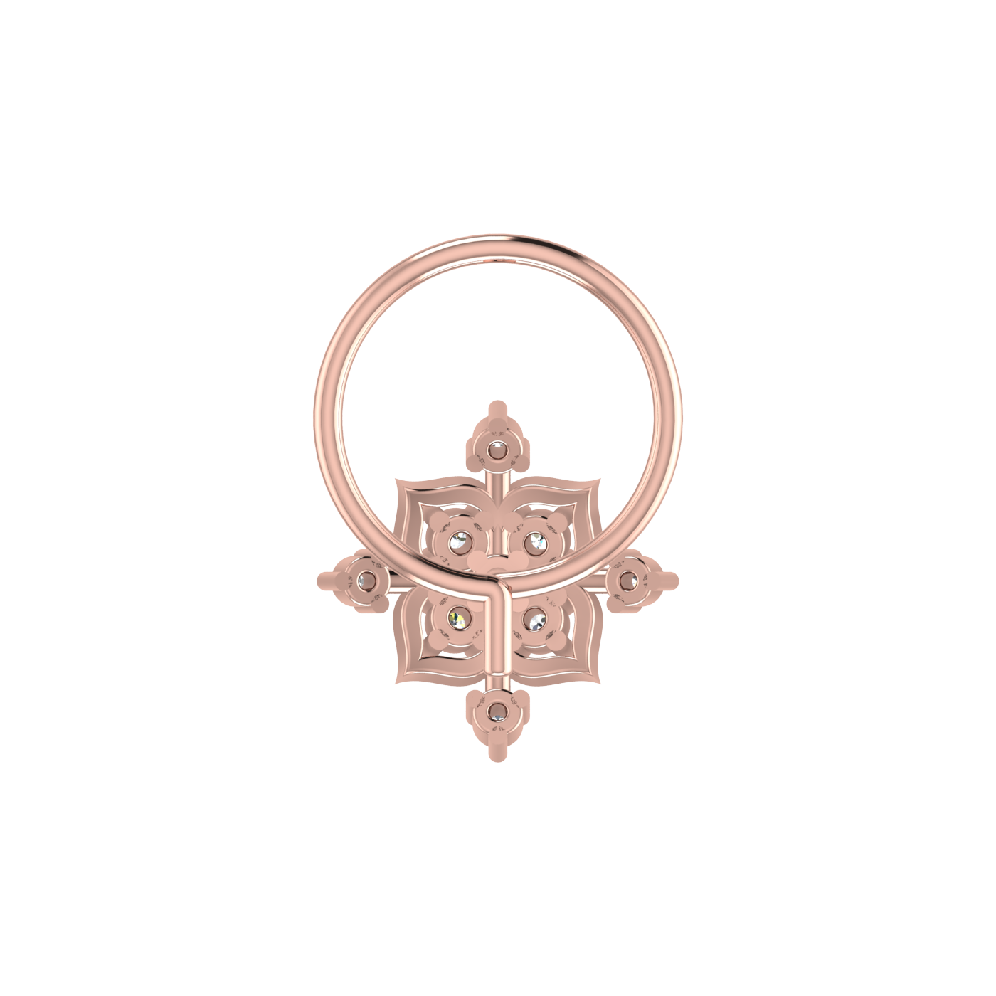14K Gold Ornate Cross flower Design 0.05ct Lab Diamond Nose Pin