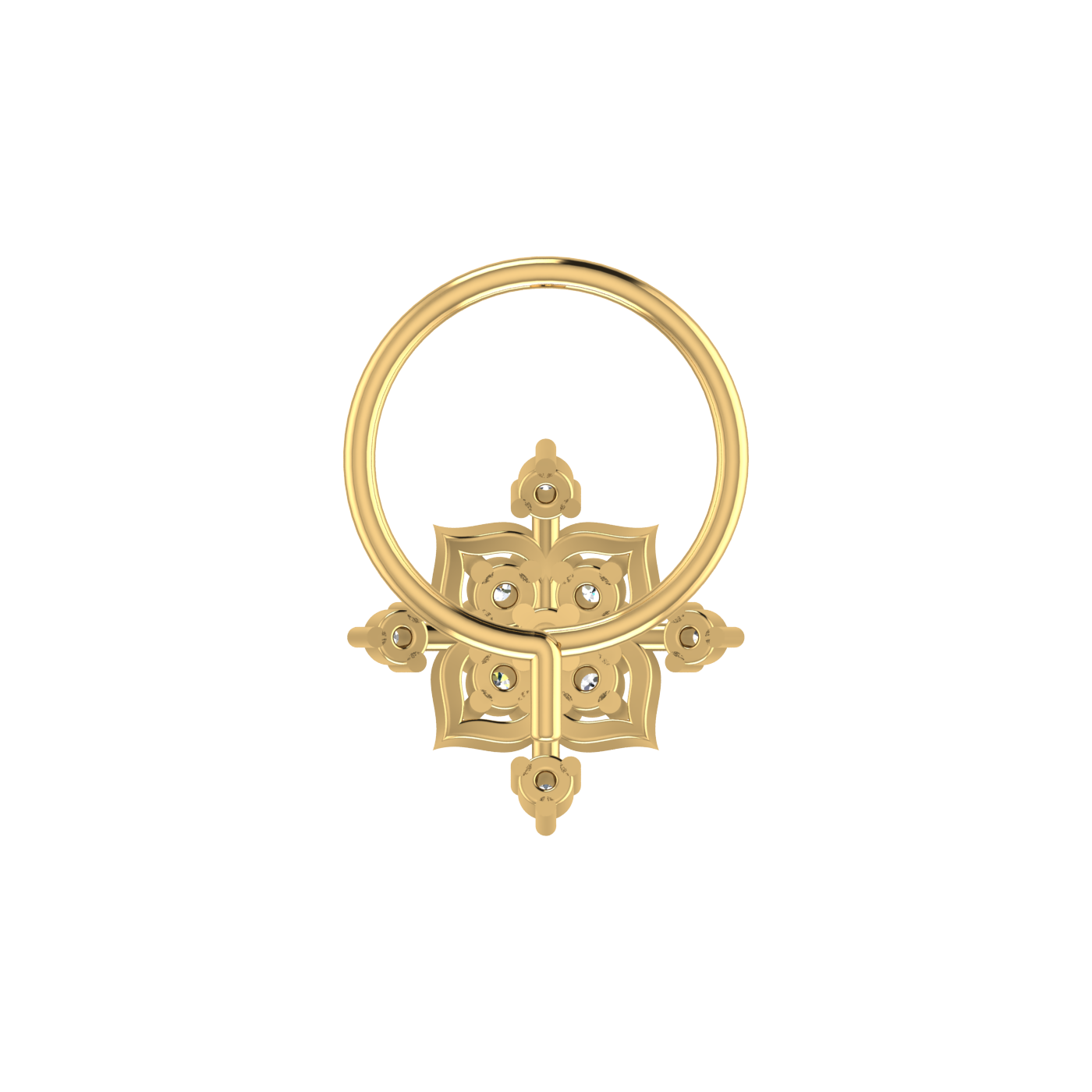 14K Gold Ornate Cross flower Design 0.05ct Lab Diamond Nose Pin