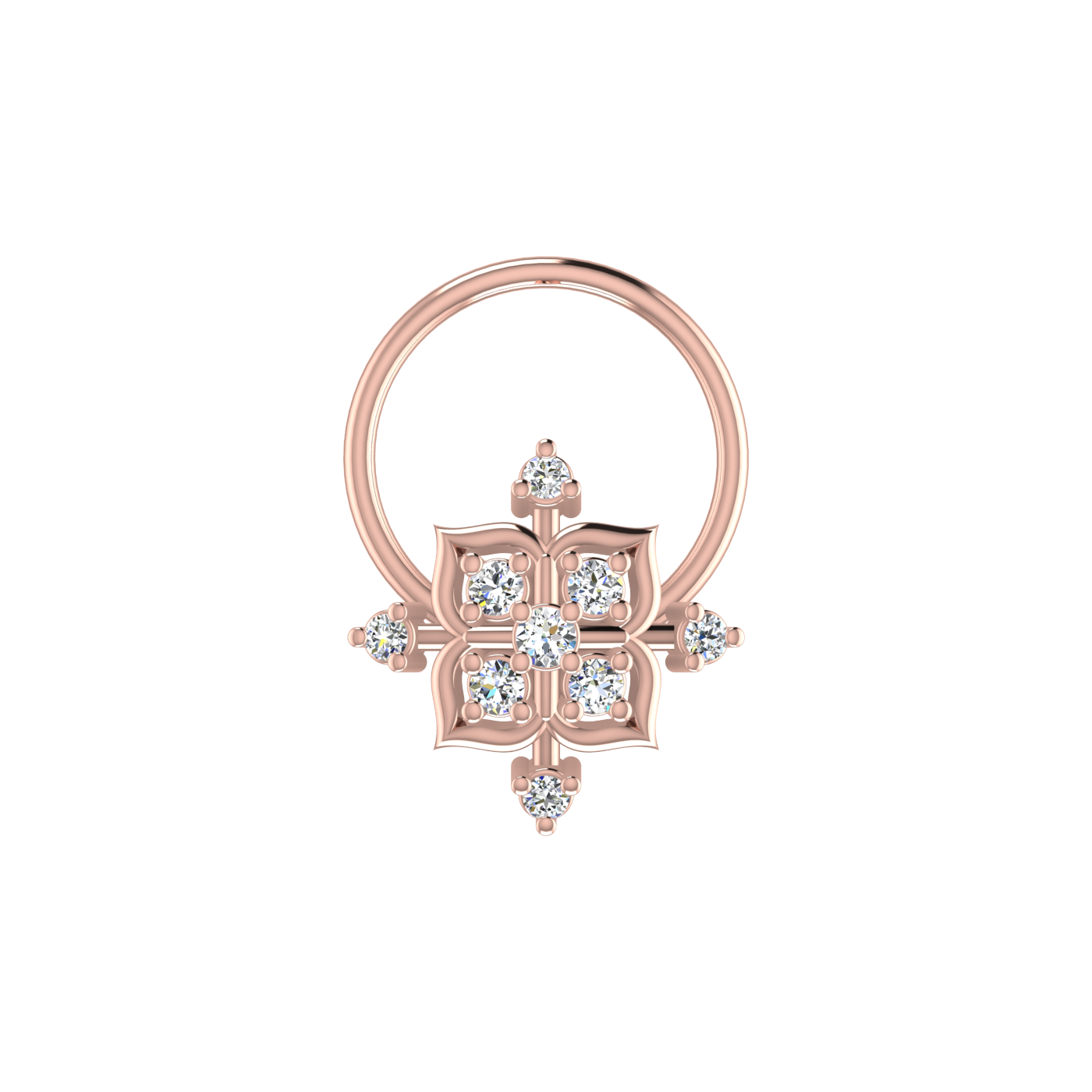 14K Gold Ornate Cross flower Design 0.05ct Lab Diamond Nose Pin