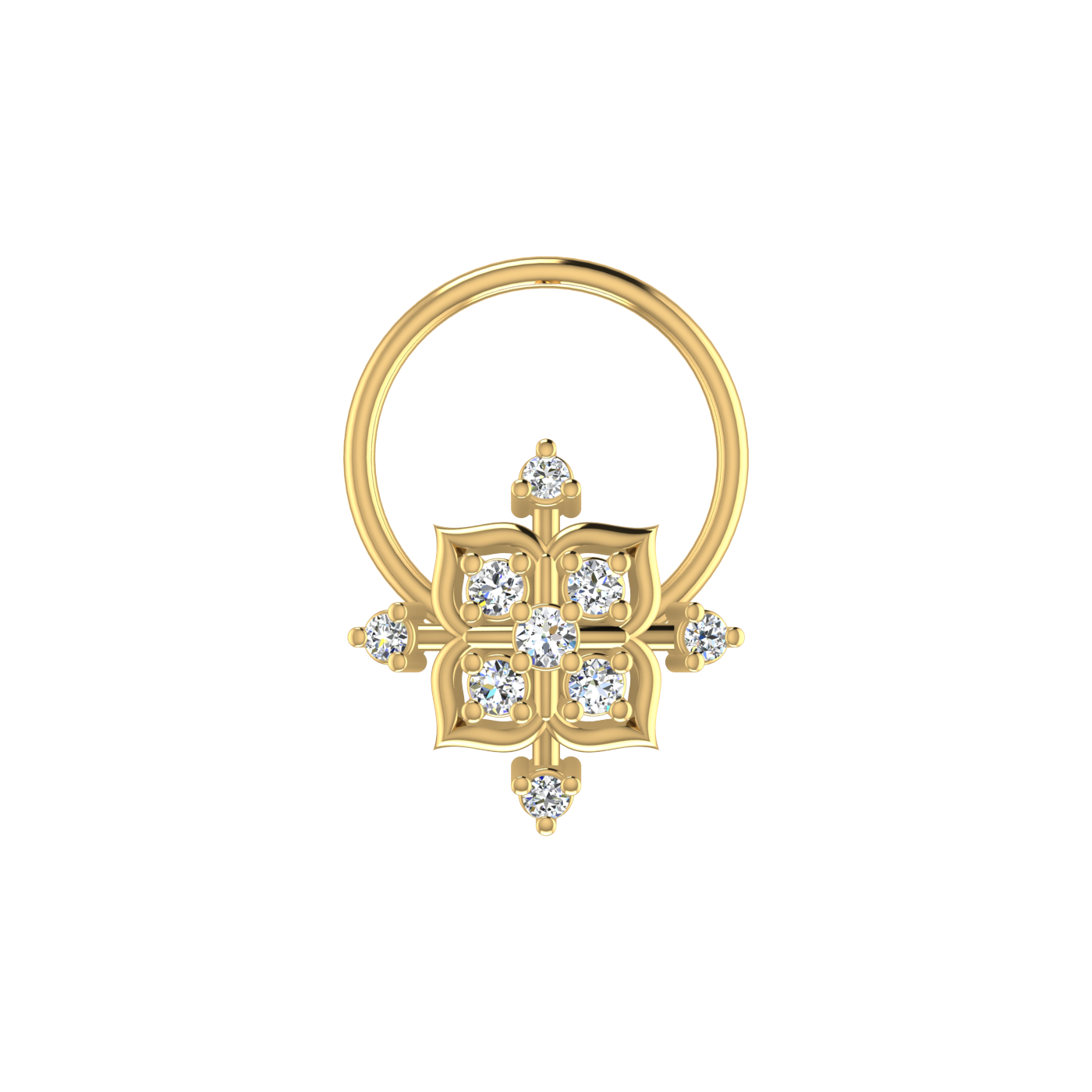 14K Gold Ornate Cross flower Design 0.05ct Lab Diamond Nose Pin