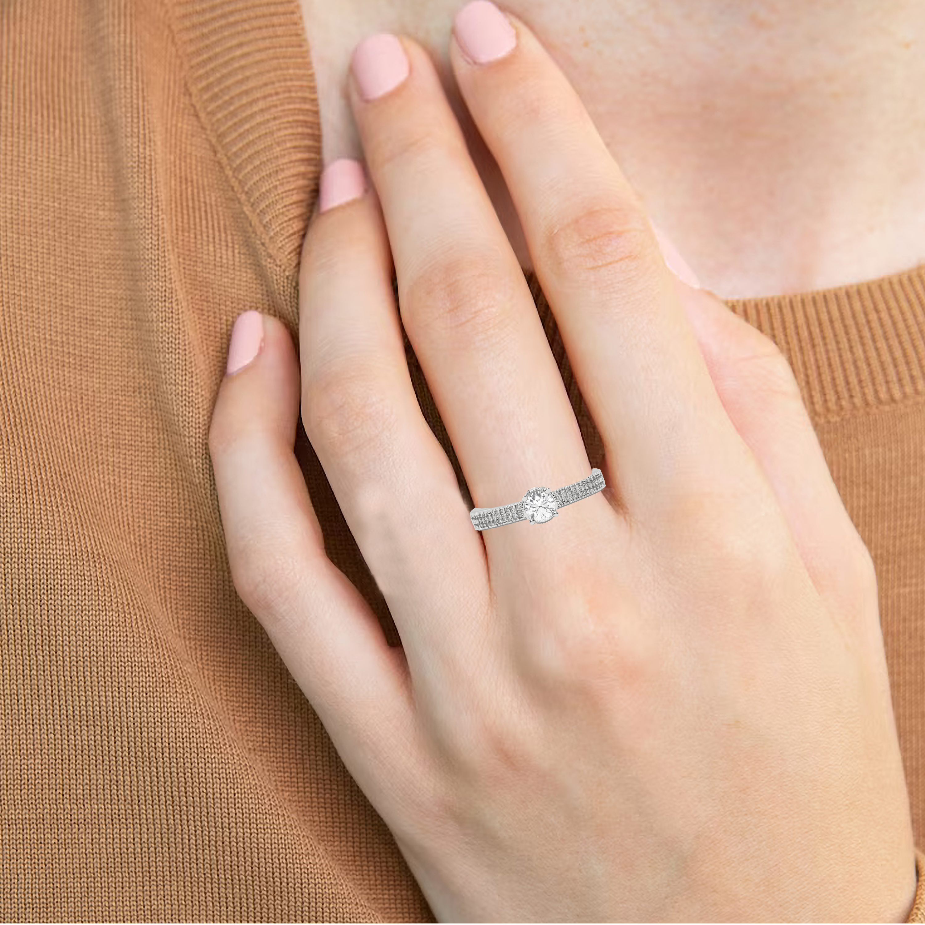 White Gold Studded 0.954 Carat Lab Grown Diamond Ring-E Color VS2 Clarity.