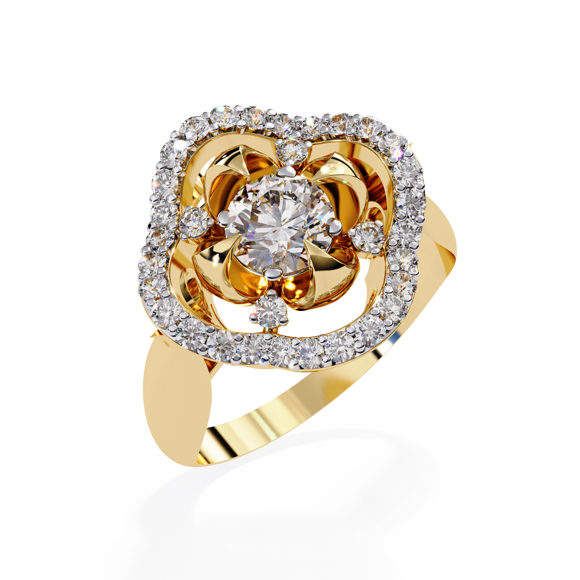 Solitairekart – 0.81 ct Lab Grown Diamond Floral Halo Ring – 14K Yellow Gold
