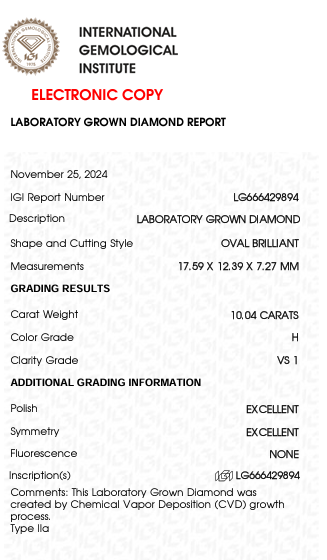 10.04 carat H color VS1 Clarity Oval Shape Lab grown Diamond.