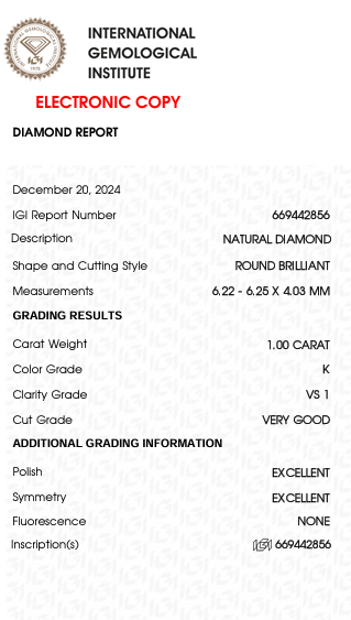 Solitairekart 1 Carat K Color VS1 Clarity Natural Diamond