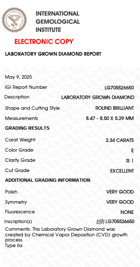 2.34 Carat E Color SI1 Clarity Round Shape Lab Grown Diamond