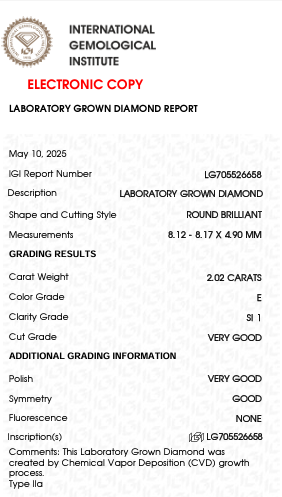 2.02 Carat E Color SI1 Clarity Round Shape Lab Grown Diamond