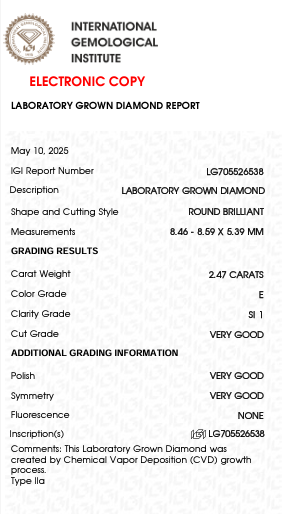2.47 Carat E Color SI1 Clarity Round Shape Lab Grown Diamond